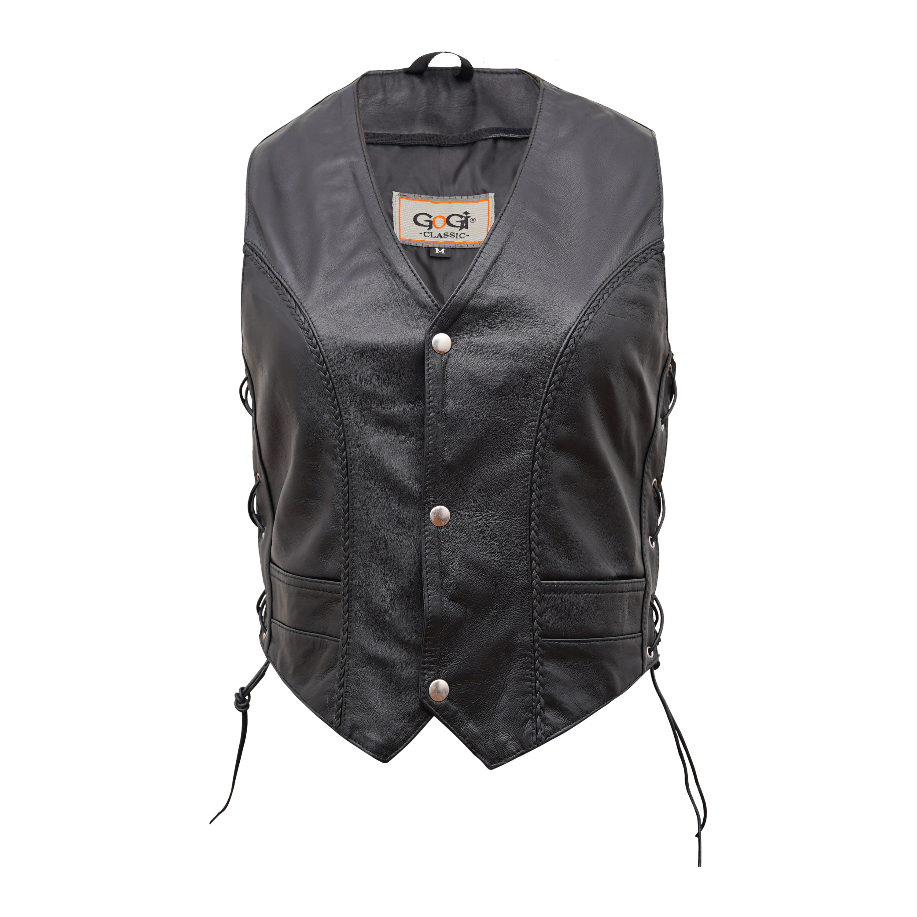 Women's Side-Laced Black Leather Biker Vest