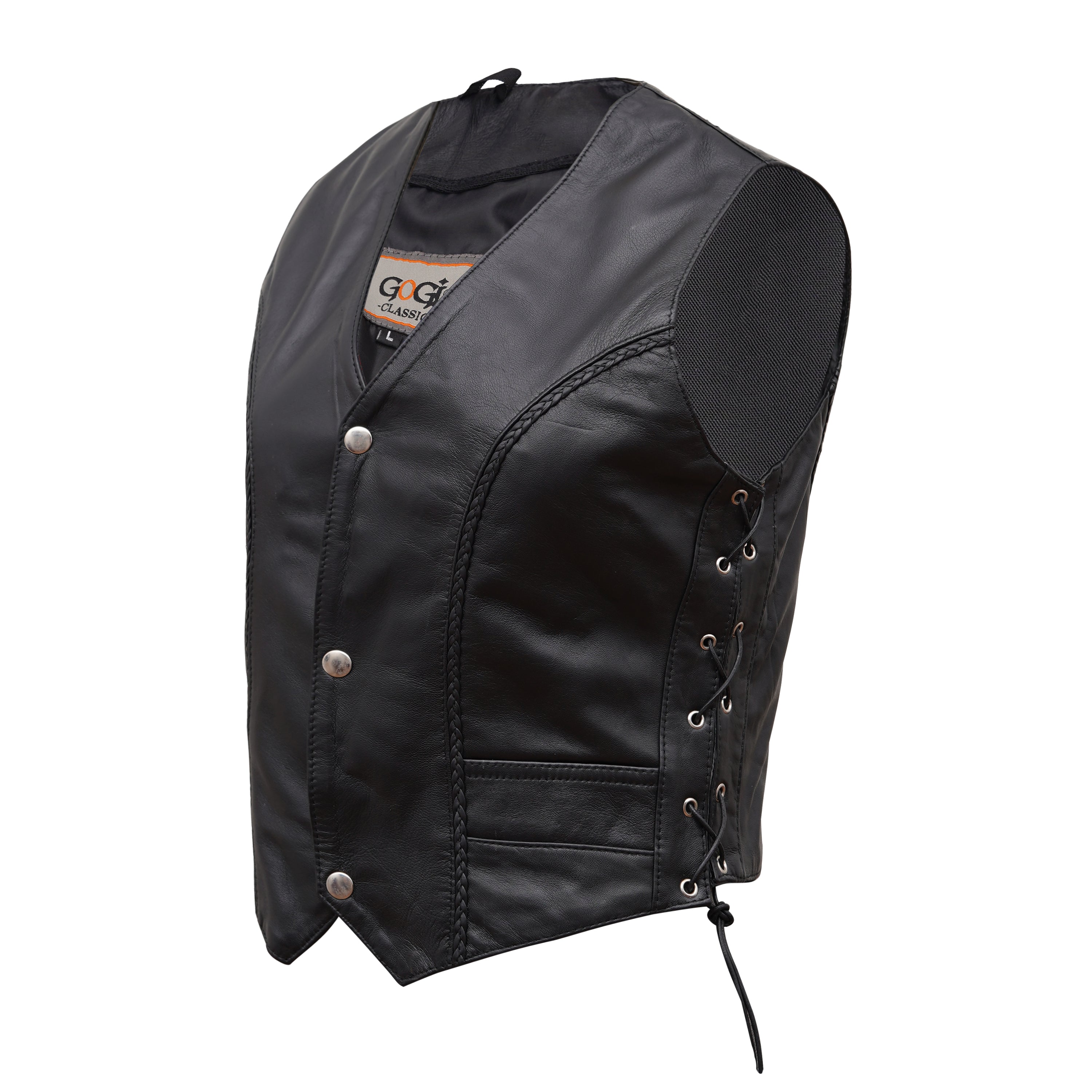 Women's Side-Laced Black Leather Biker Vest