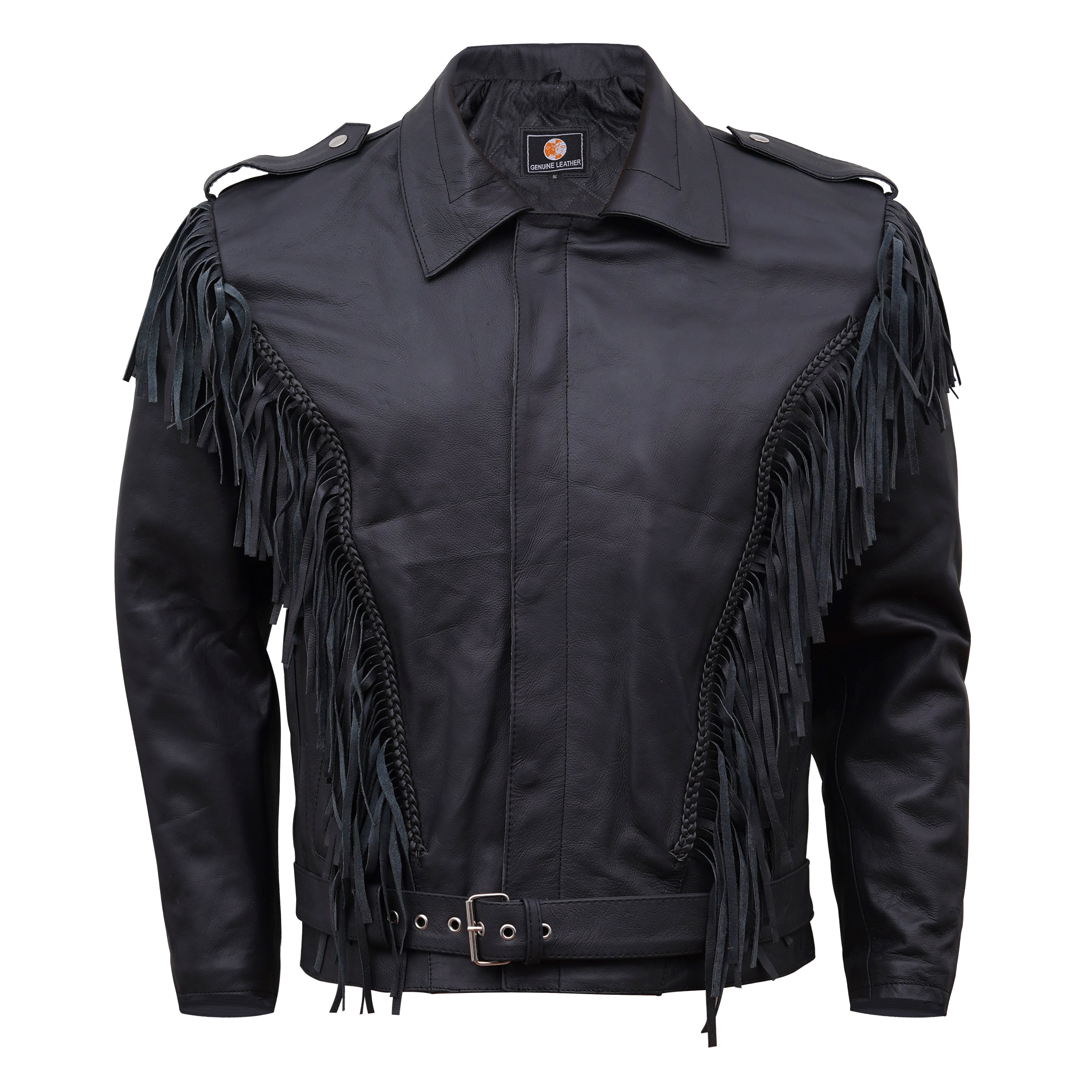 Classic Black Leather Fringe Jacket with Braided Accents