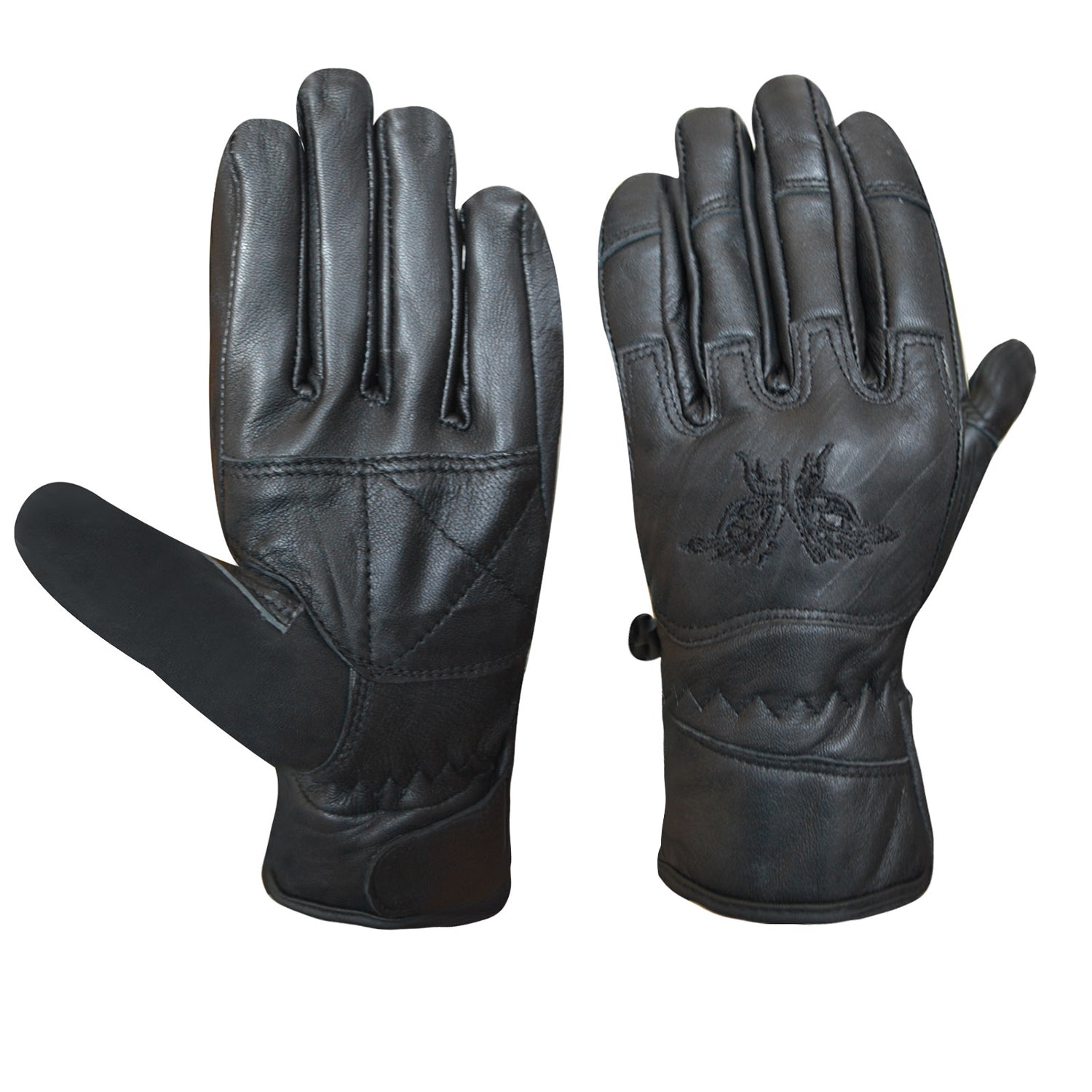 Women’s Black Leather Gloves with Black Butterfly Embroidery