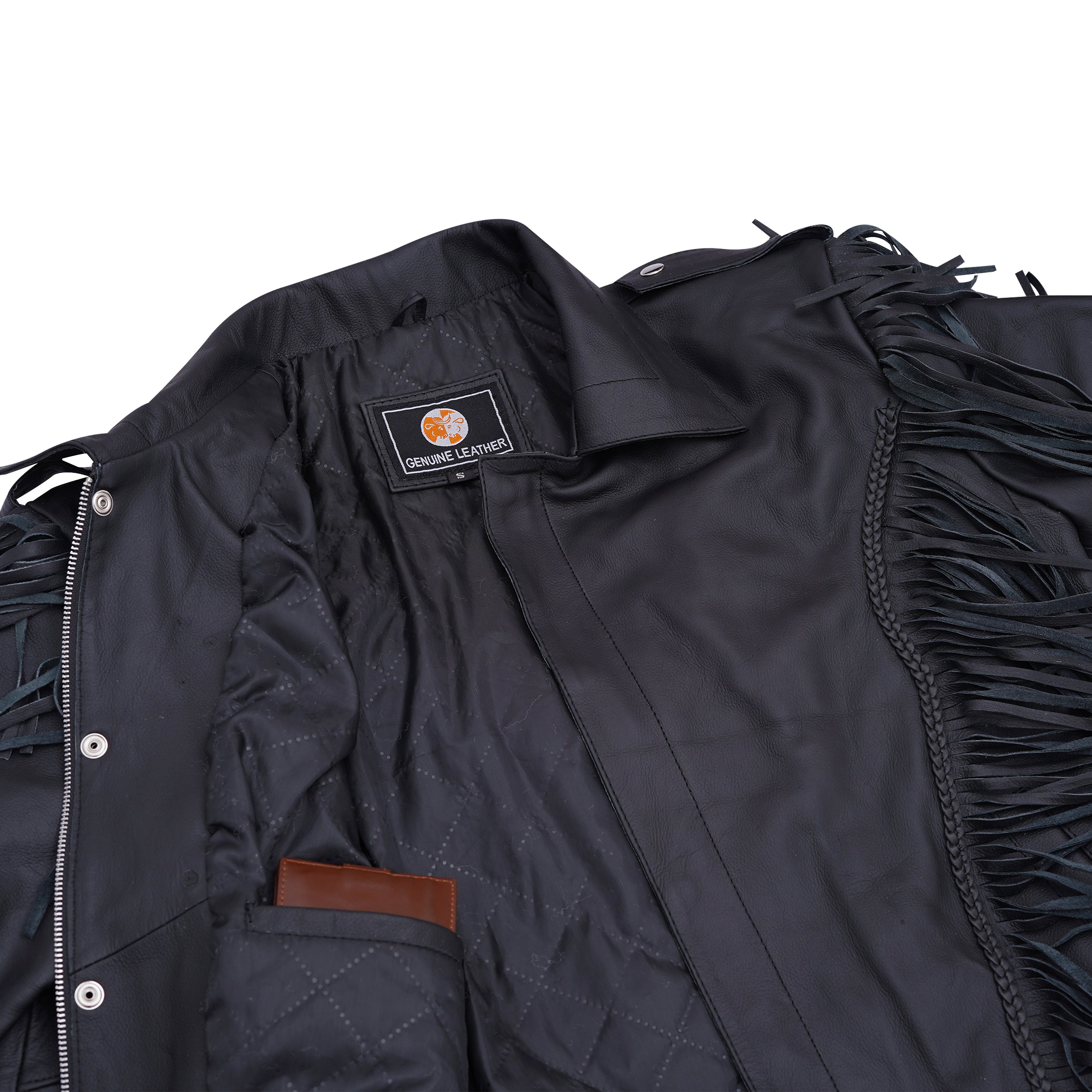Classic Black Leather Fringe Jacket with Braided Accents