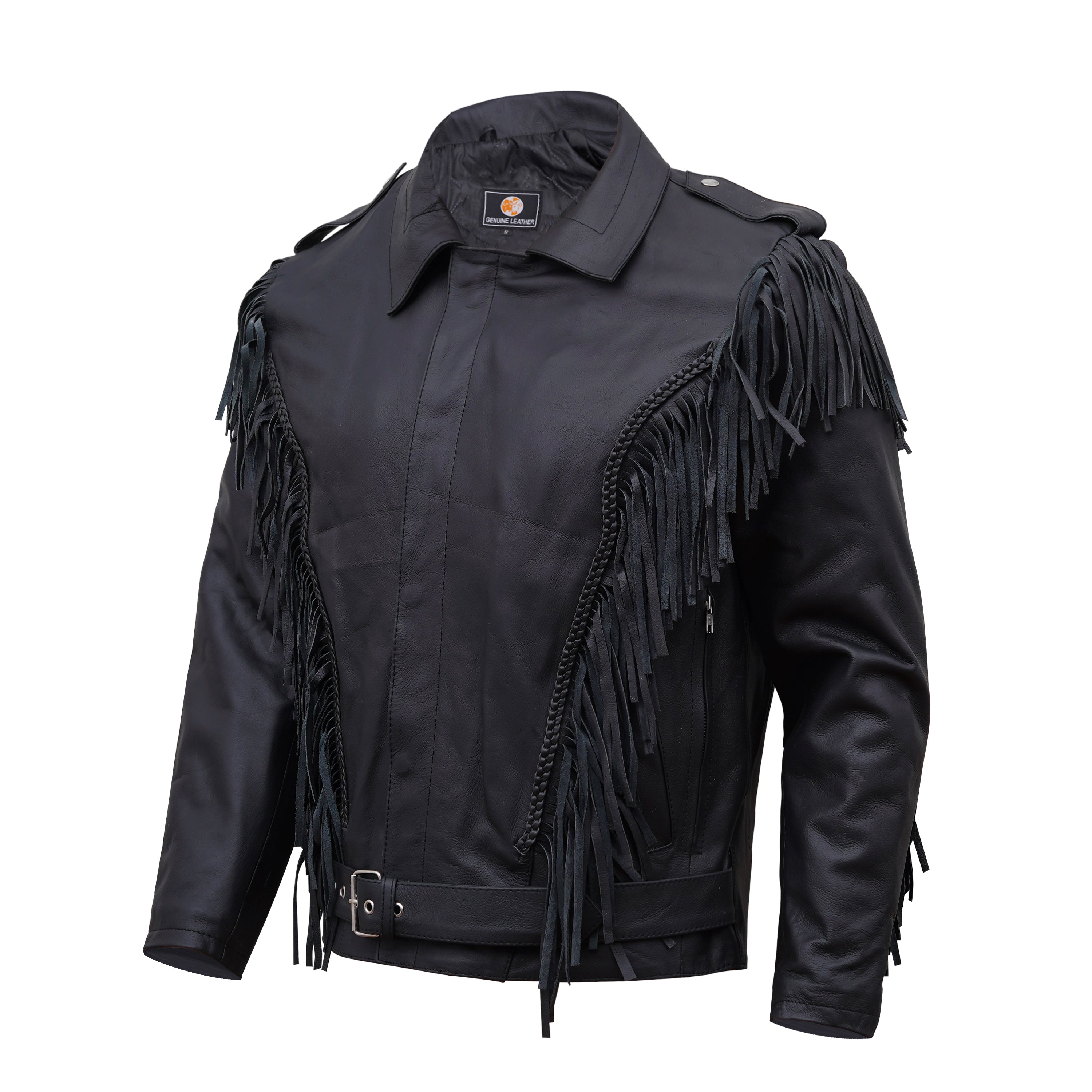 Classic Black Leather Fringe Jacket with Braided Accents
