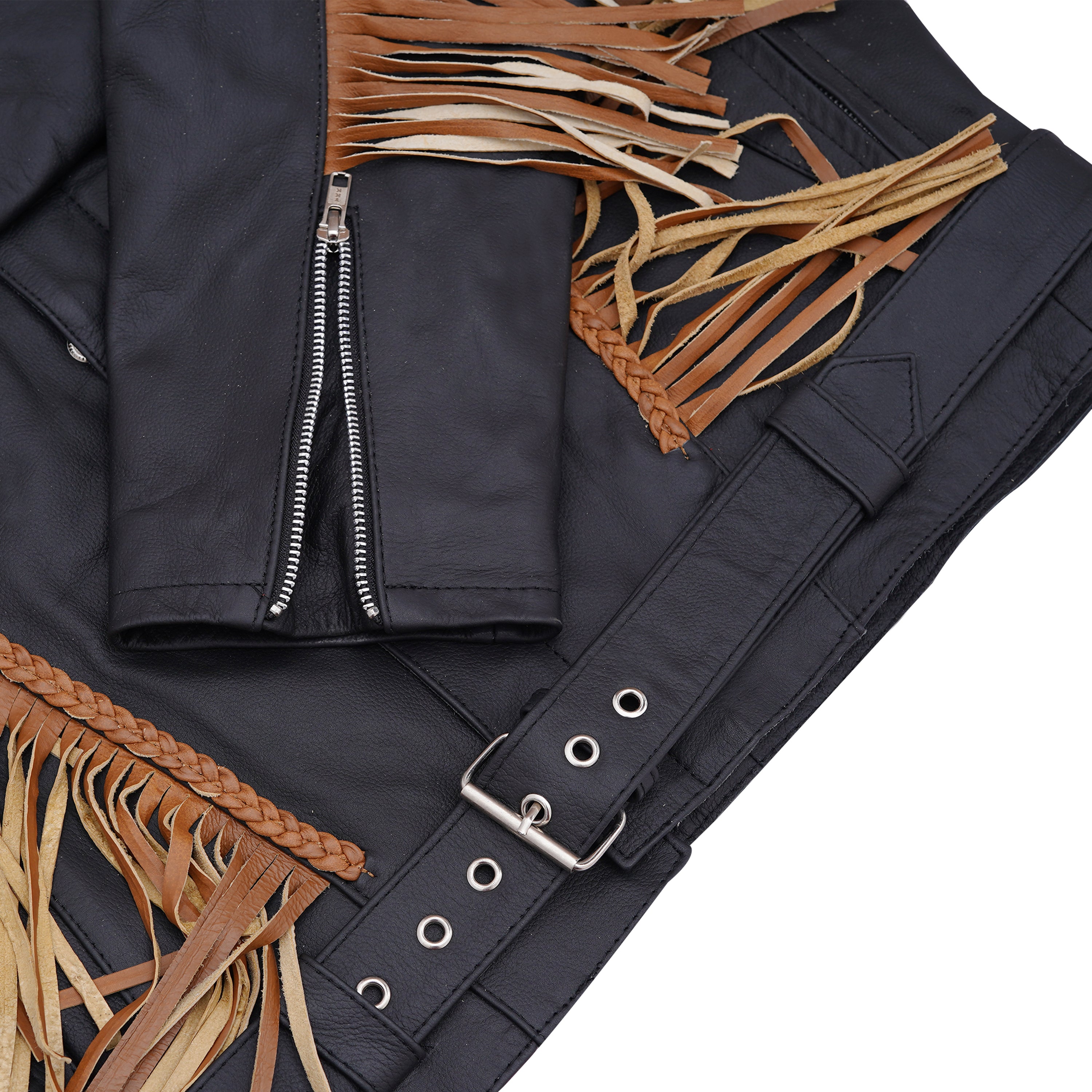 Classic Black Leather Fringe Jacket with Braided Trim