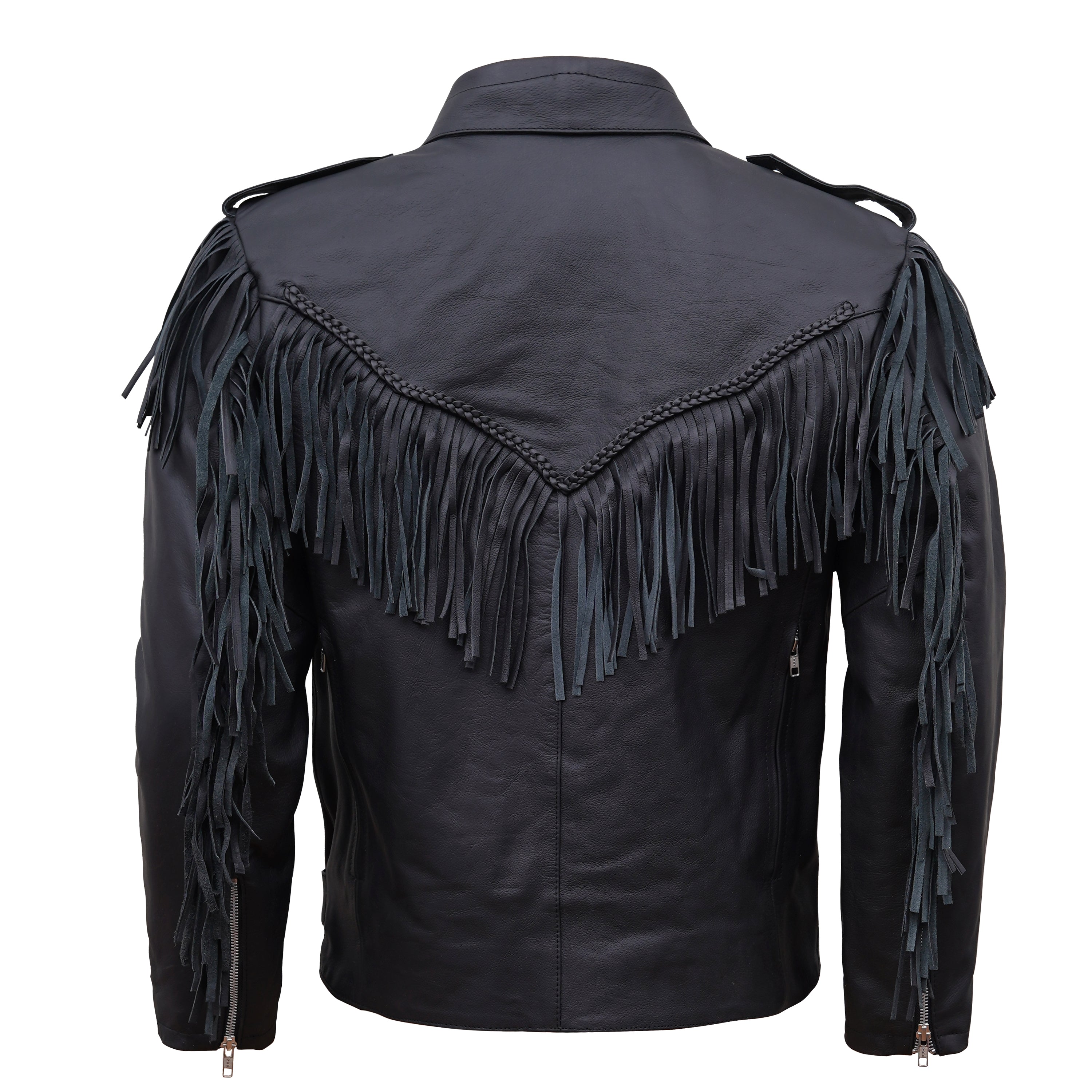 Classic Black Leather Fringe Jacket with Braided Accents