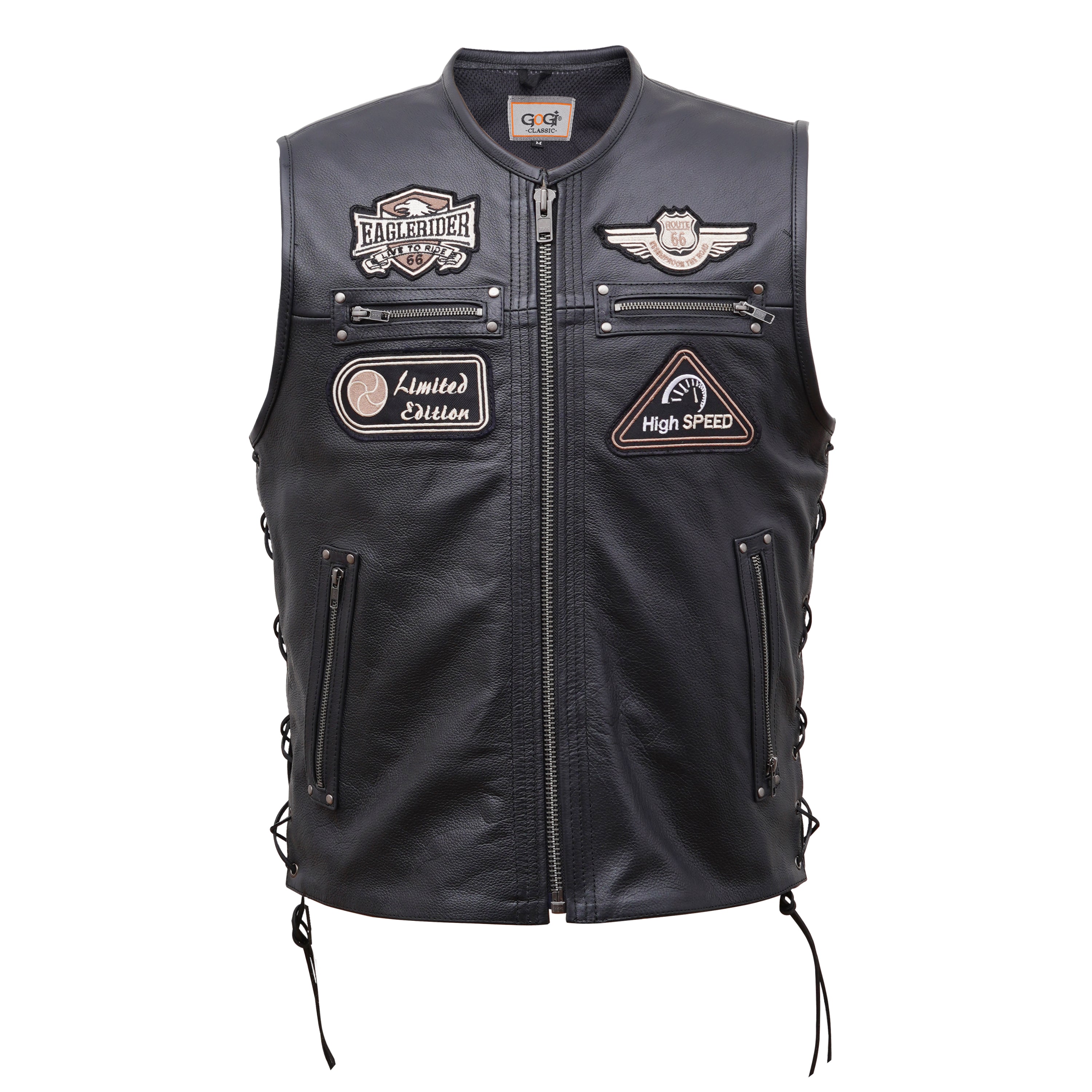 Classic Men's Black Leather Biker Vest with Patches & Side Lace