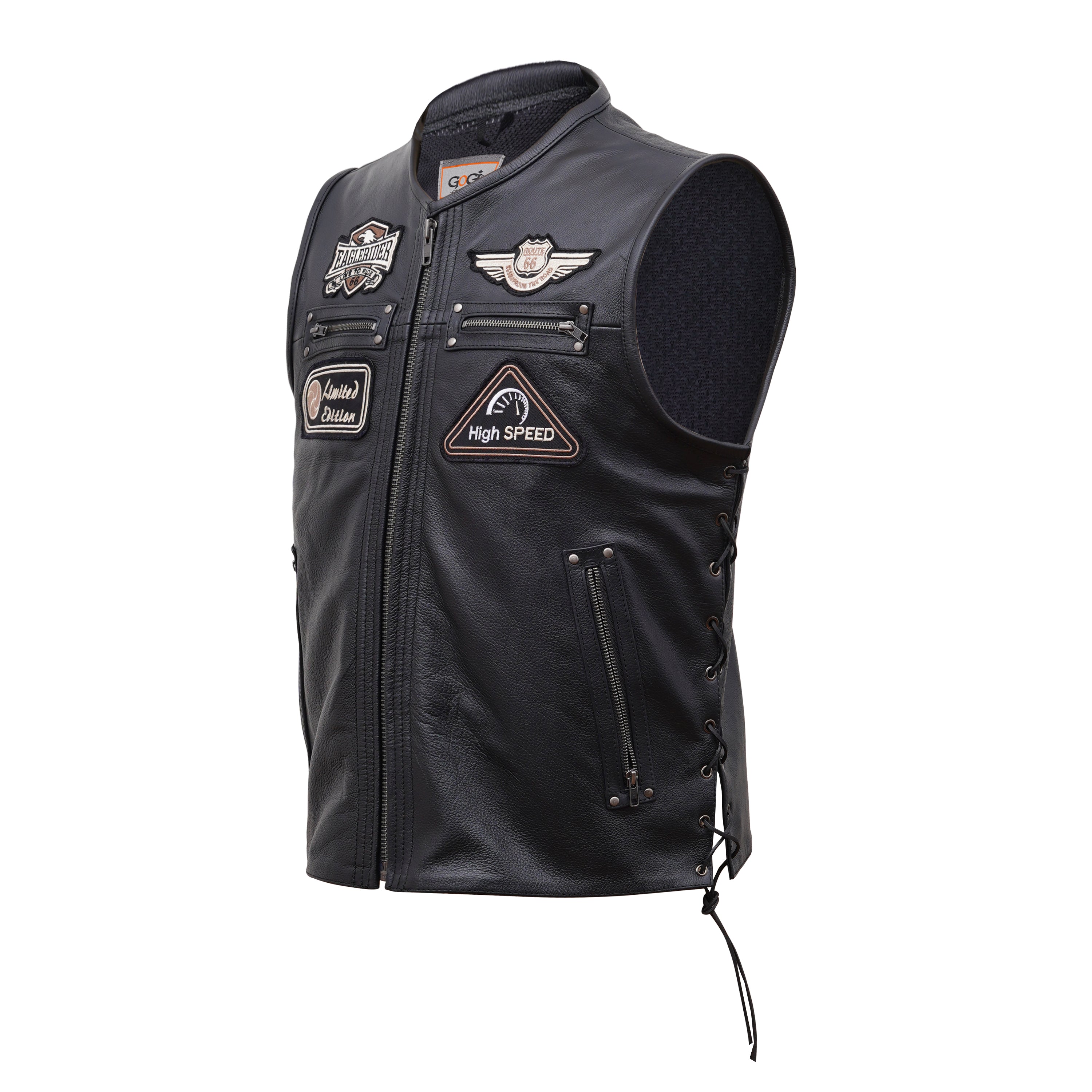 Classic Men's Black Leather Biker Vest with Patches & Side Lace
