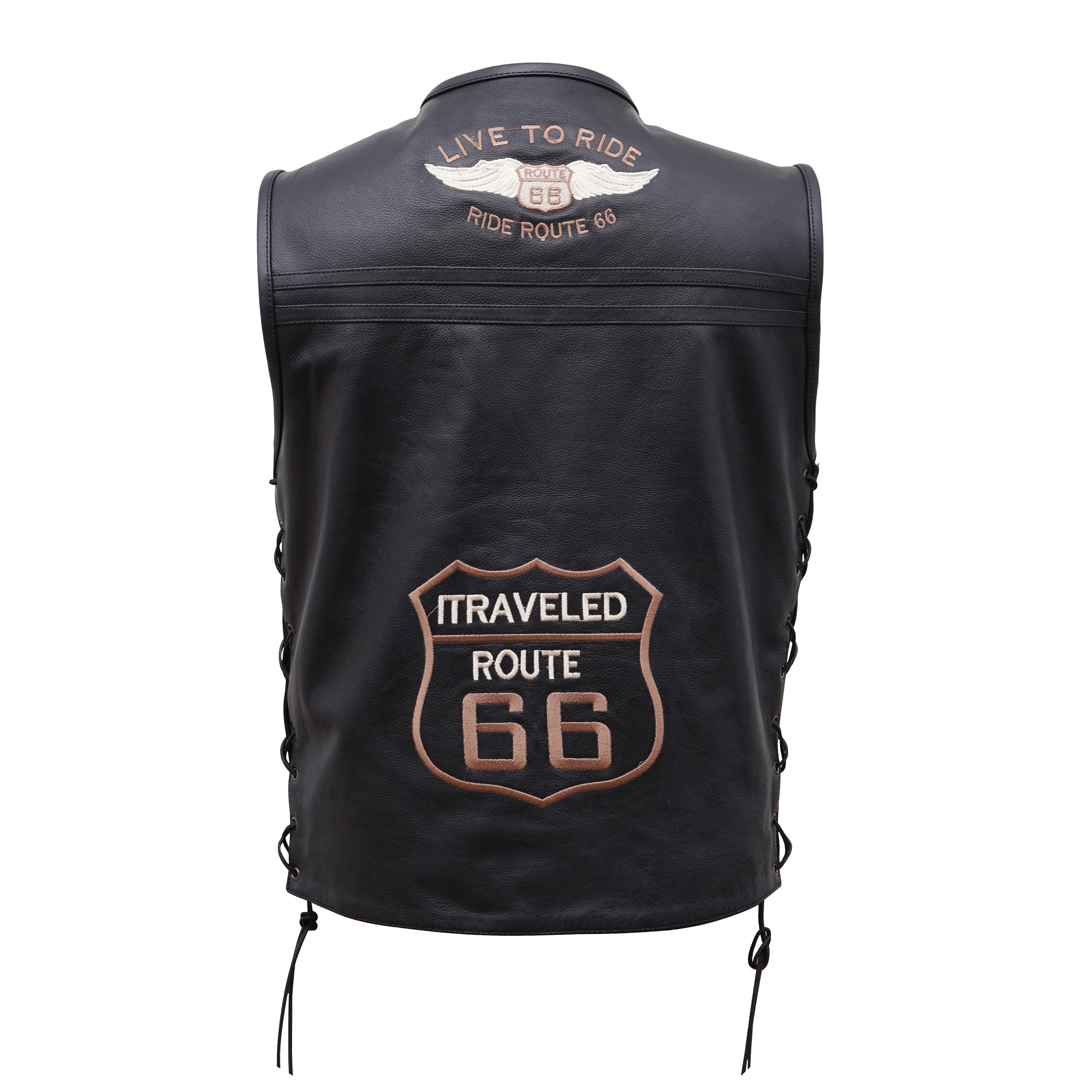 Classic Men's Black Leather Biker Vest with Patches & Side Lace
