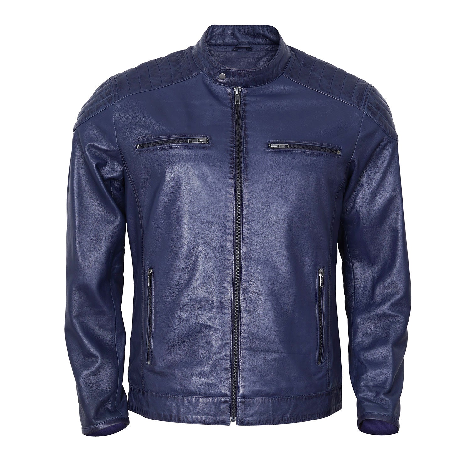 Sports Navy Blue Leather Jacket For Men Fashion Biker Rider