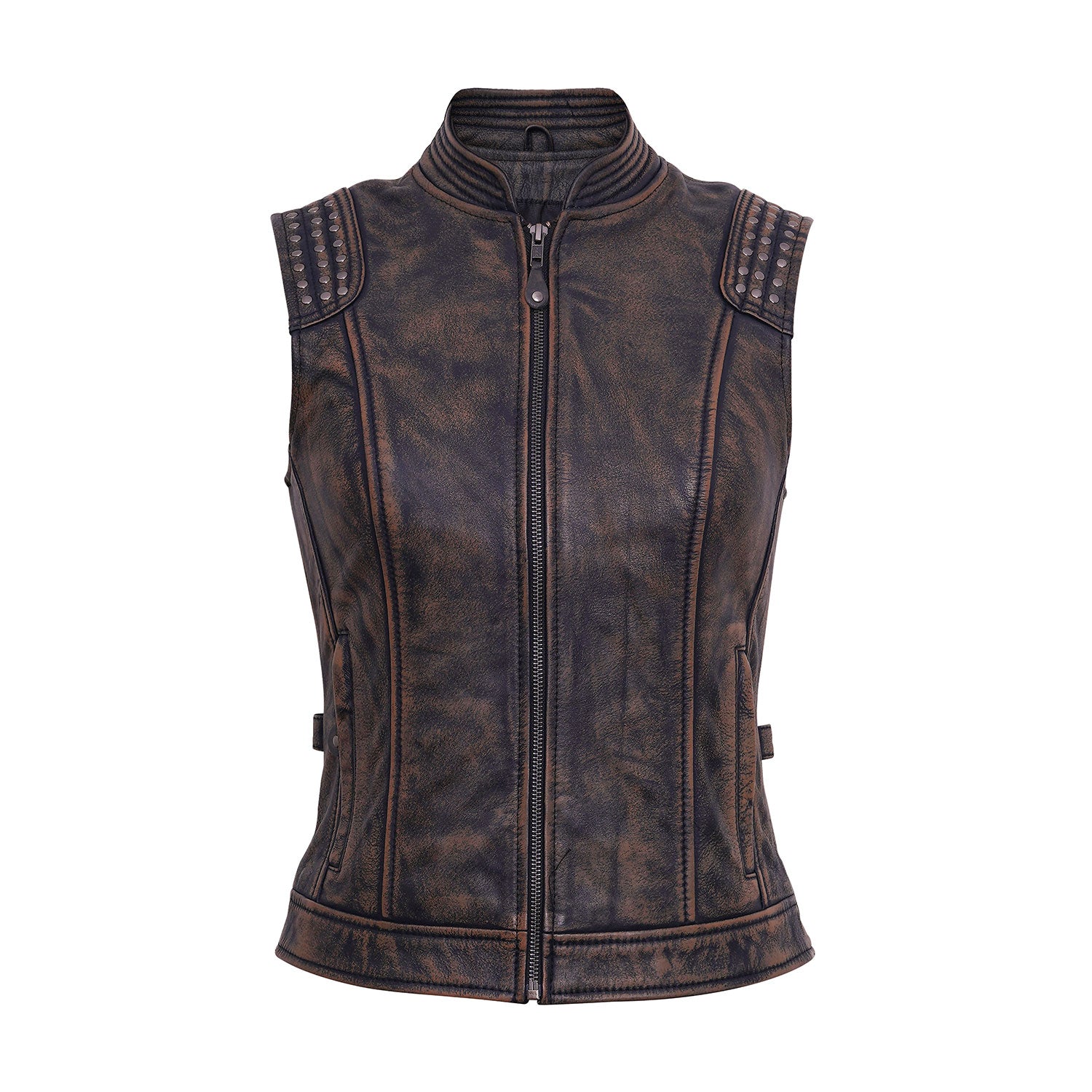 Ladies Fashion Biker Dual Vintage Brown Leather Vest Lady Rider