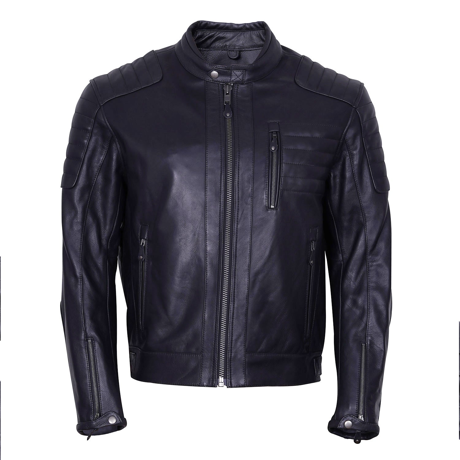 Men’s Black Armored Style Leather Jacket Motorcycle Rider Classic