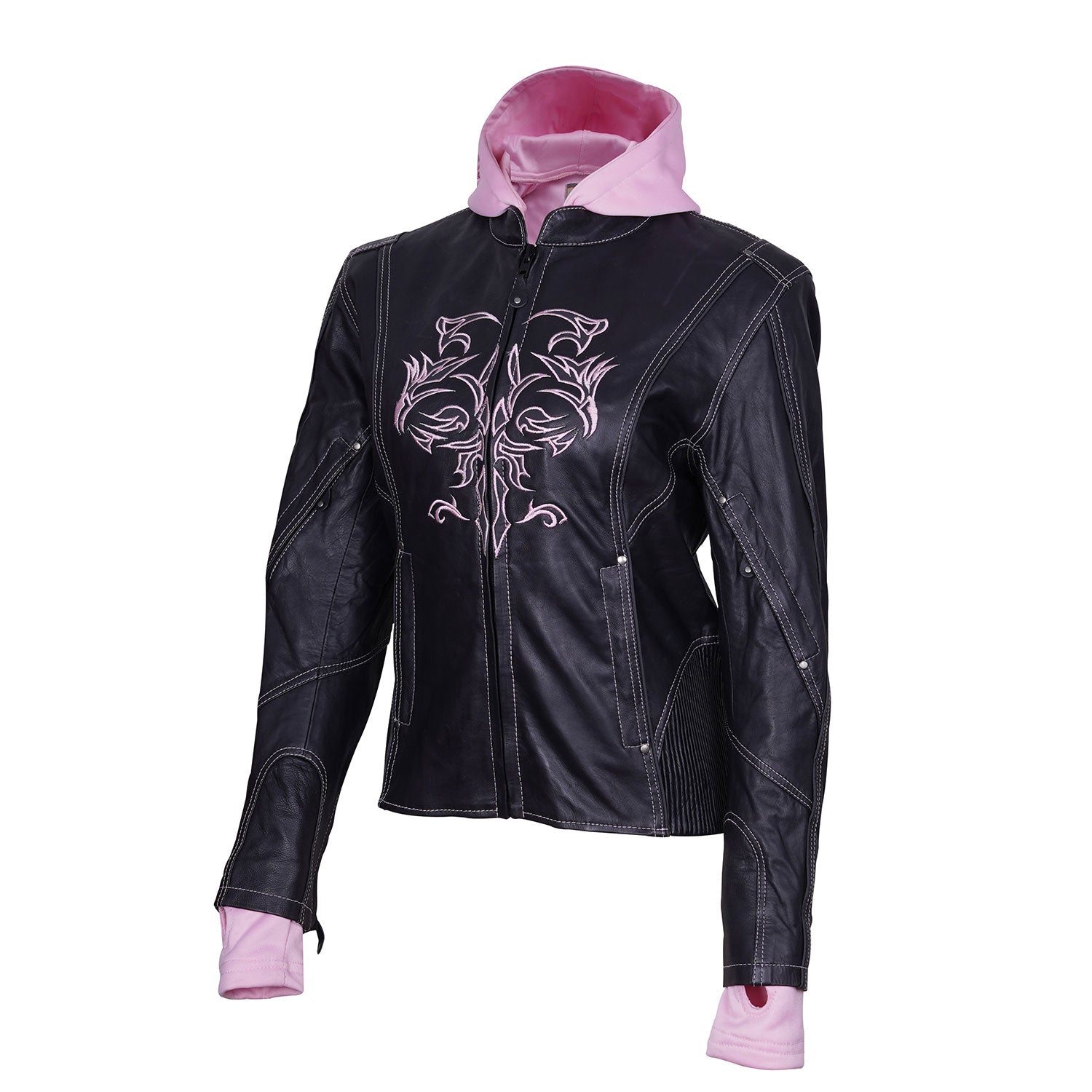 Ladies Leather Hoodie Jacket With Reflective Design Lady Rider