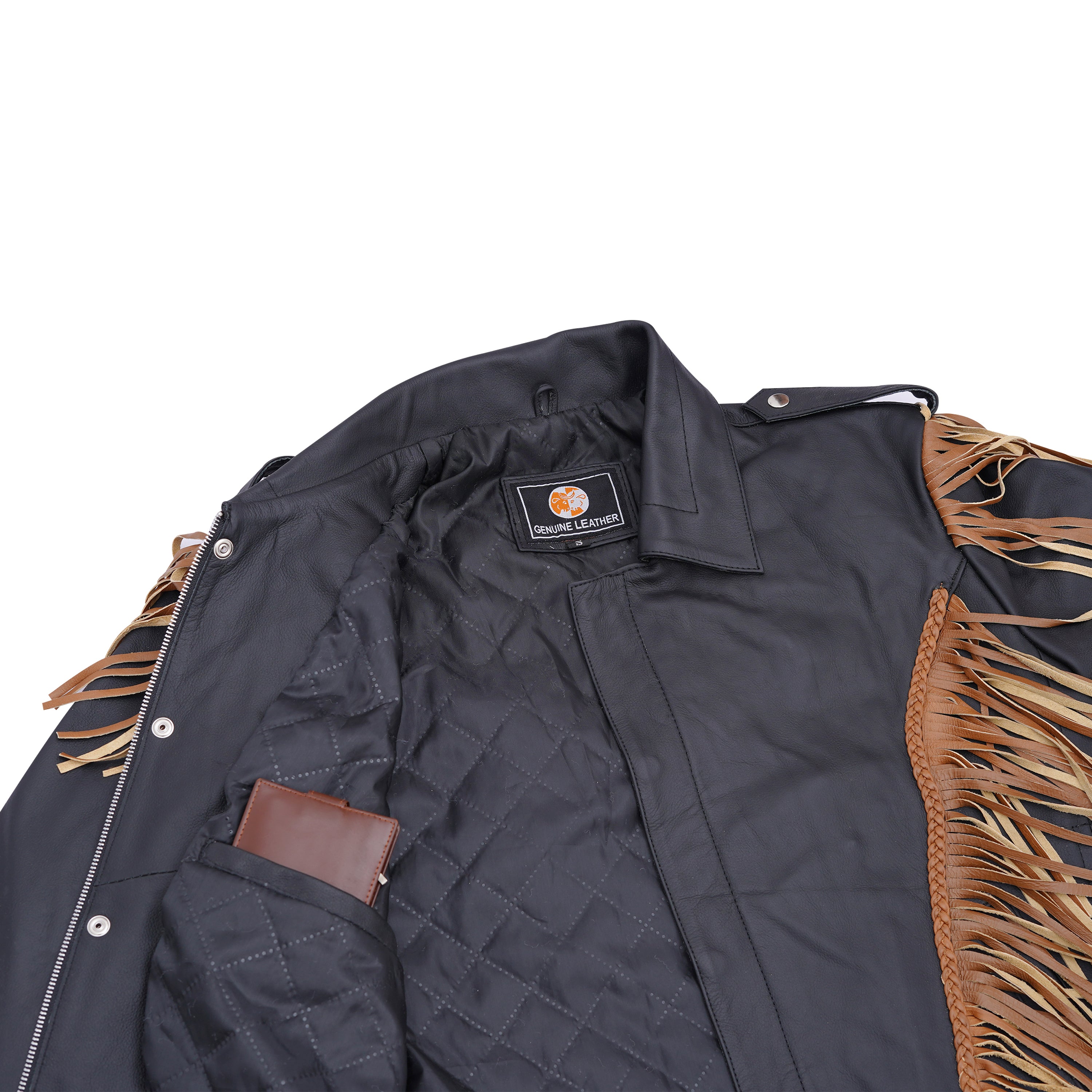 Classic Black Leather Fringe Jacket with Braided Trim