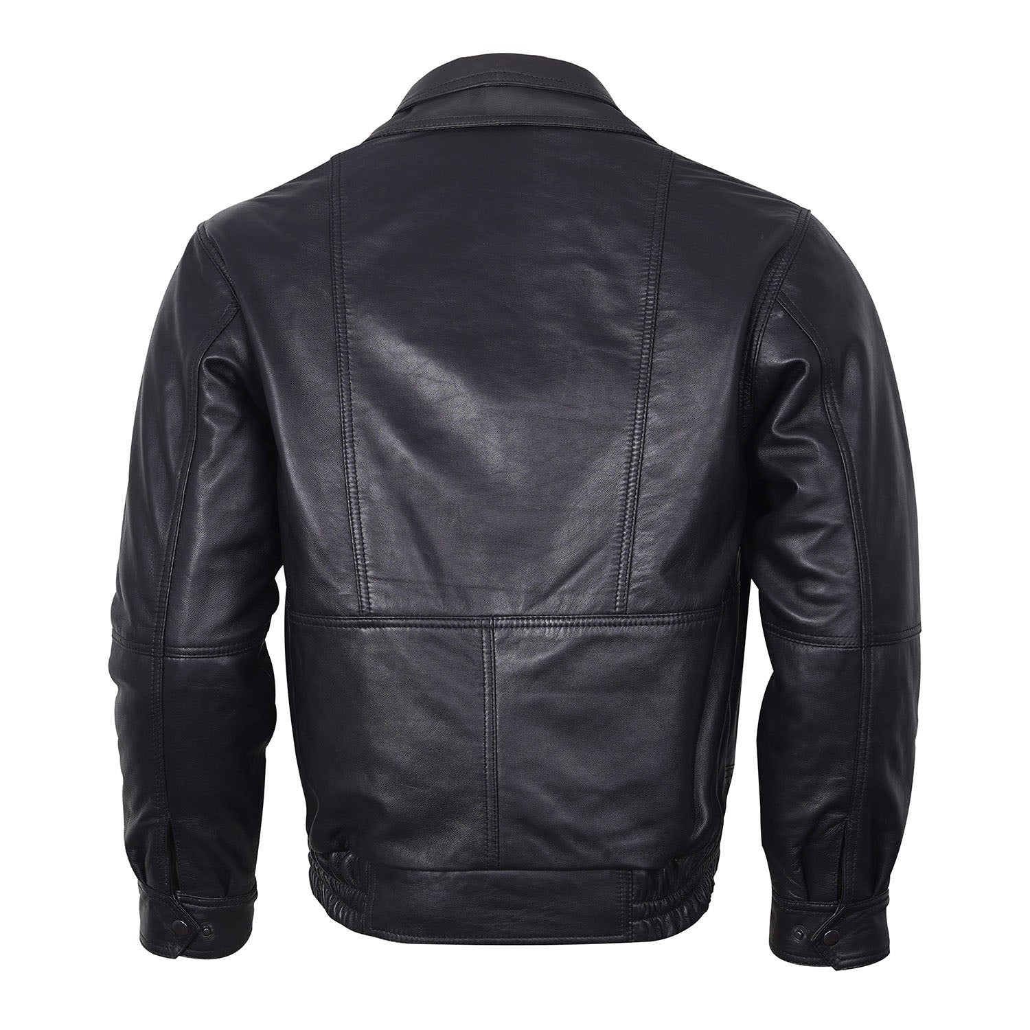 Men's Bomber Leather Jacket Black Double Collar w/Brown Trim