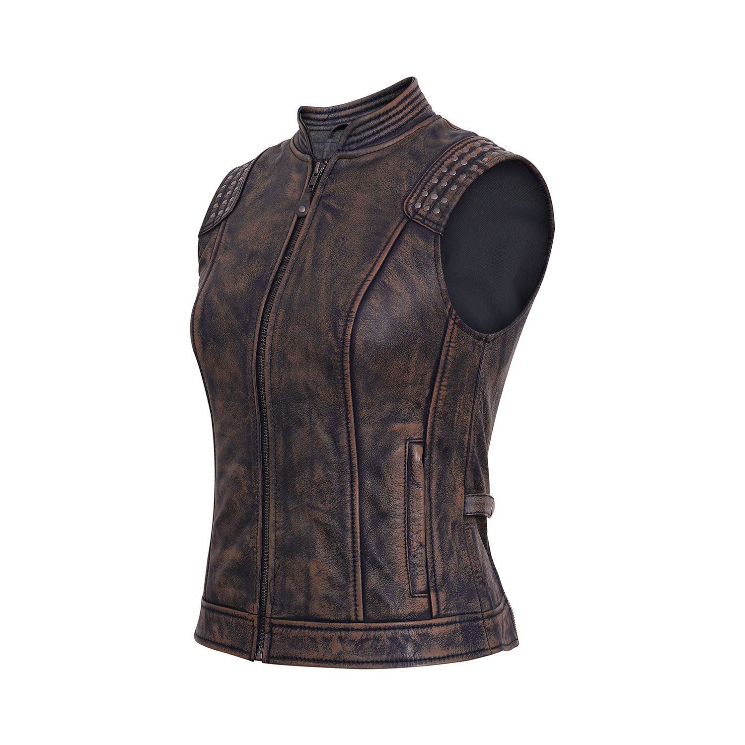 Ladies Fashion Biker Dual Vintage Brown Leather Vest Lady Rider