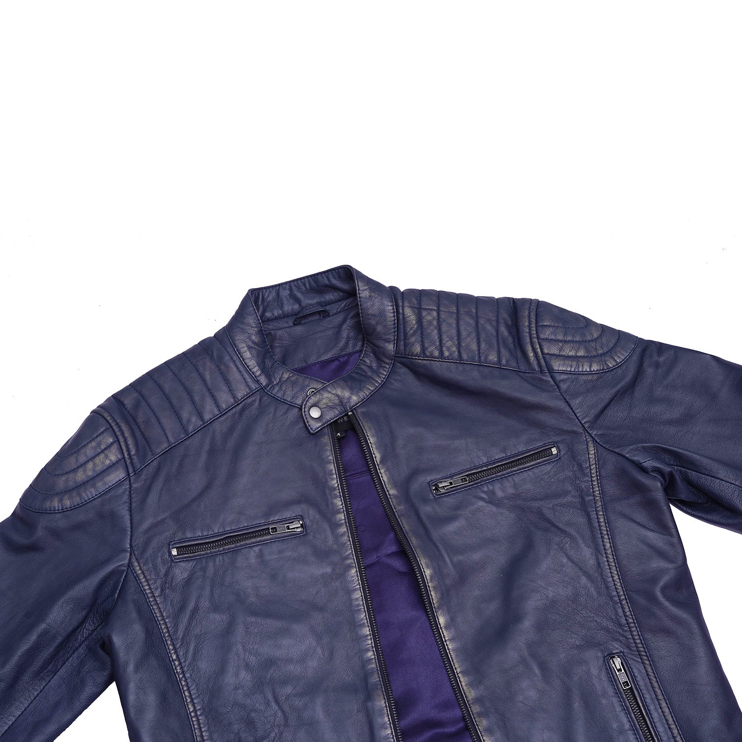 Sports Navy Blue Leather Jacket For Men Fashion Biker Rider