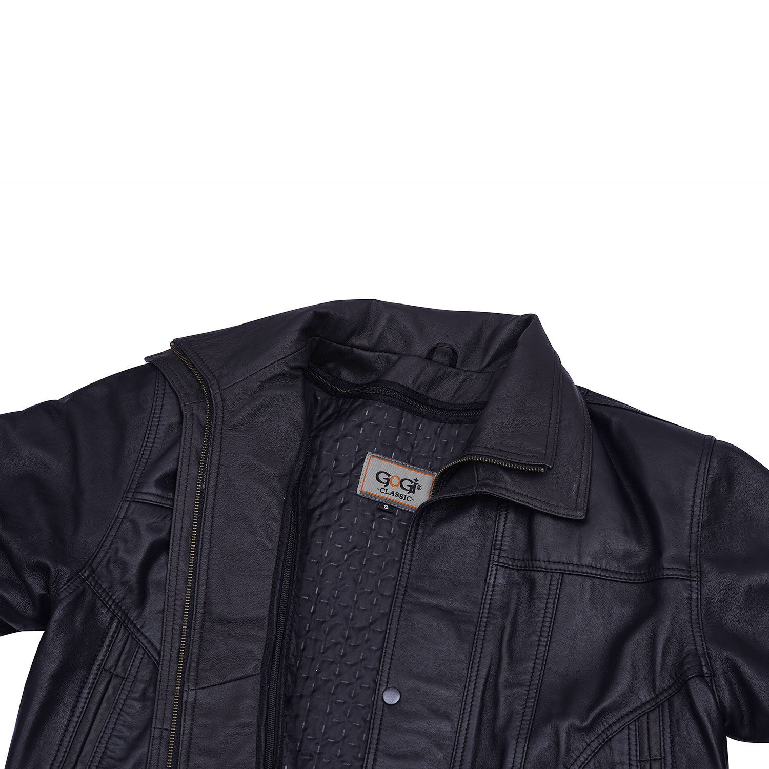 Men's Bomber Leather Jacket Black Double Collar w/Brown Trim