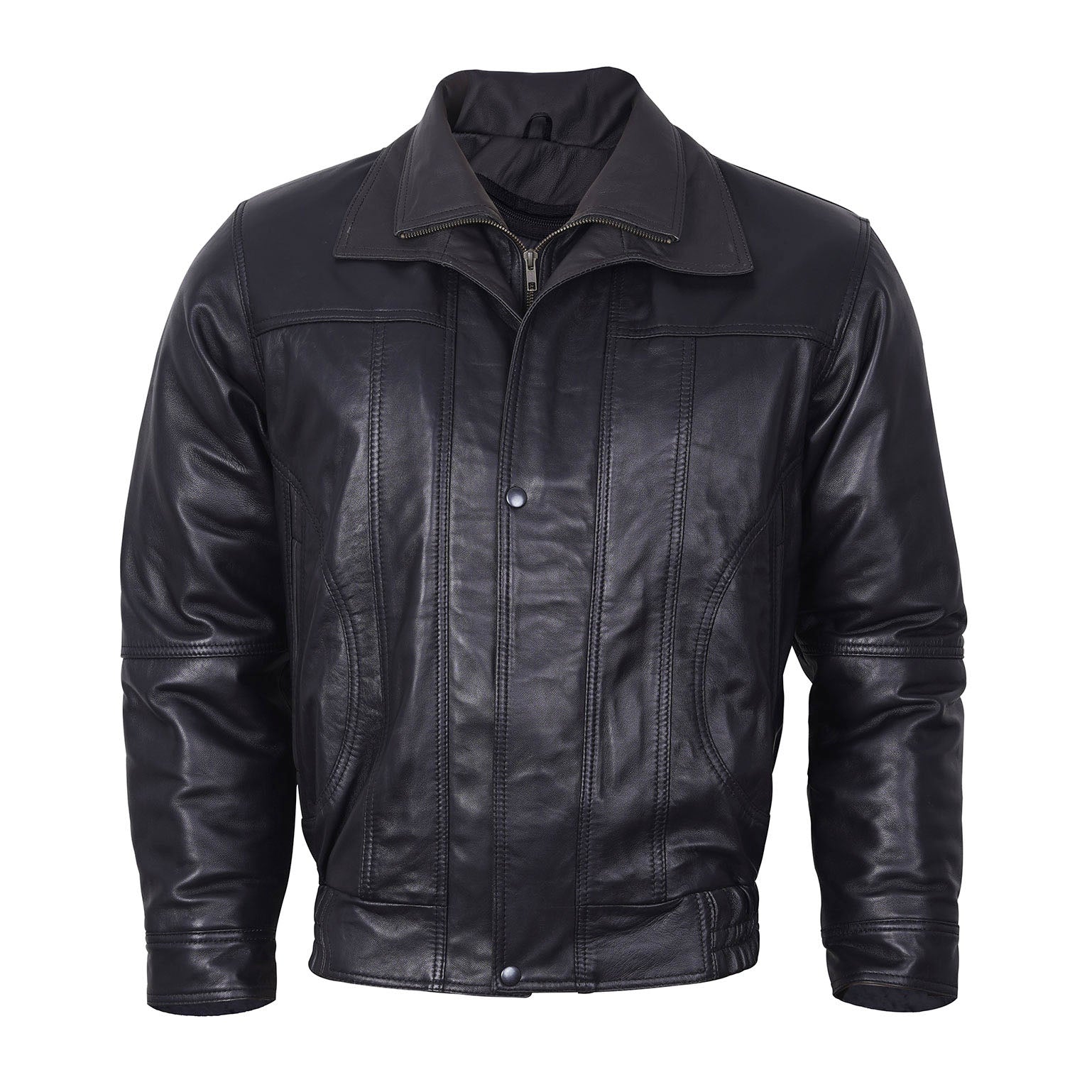 Men's Bomber Leather Jacket Black Double Collar w/Brown Trim