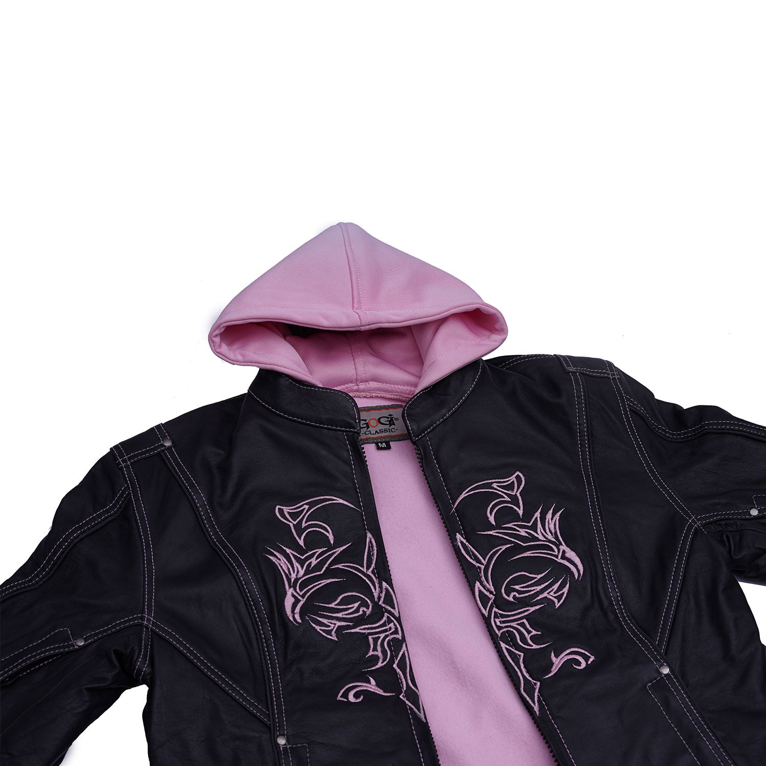 Ladies Leather Hoodie Jacket With Reflective Design Lady Rider