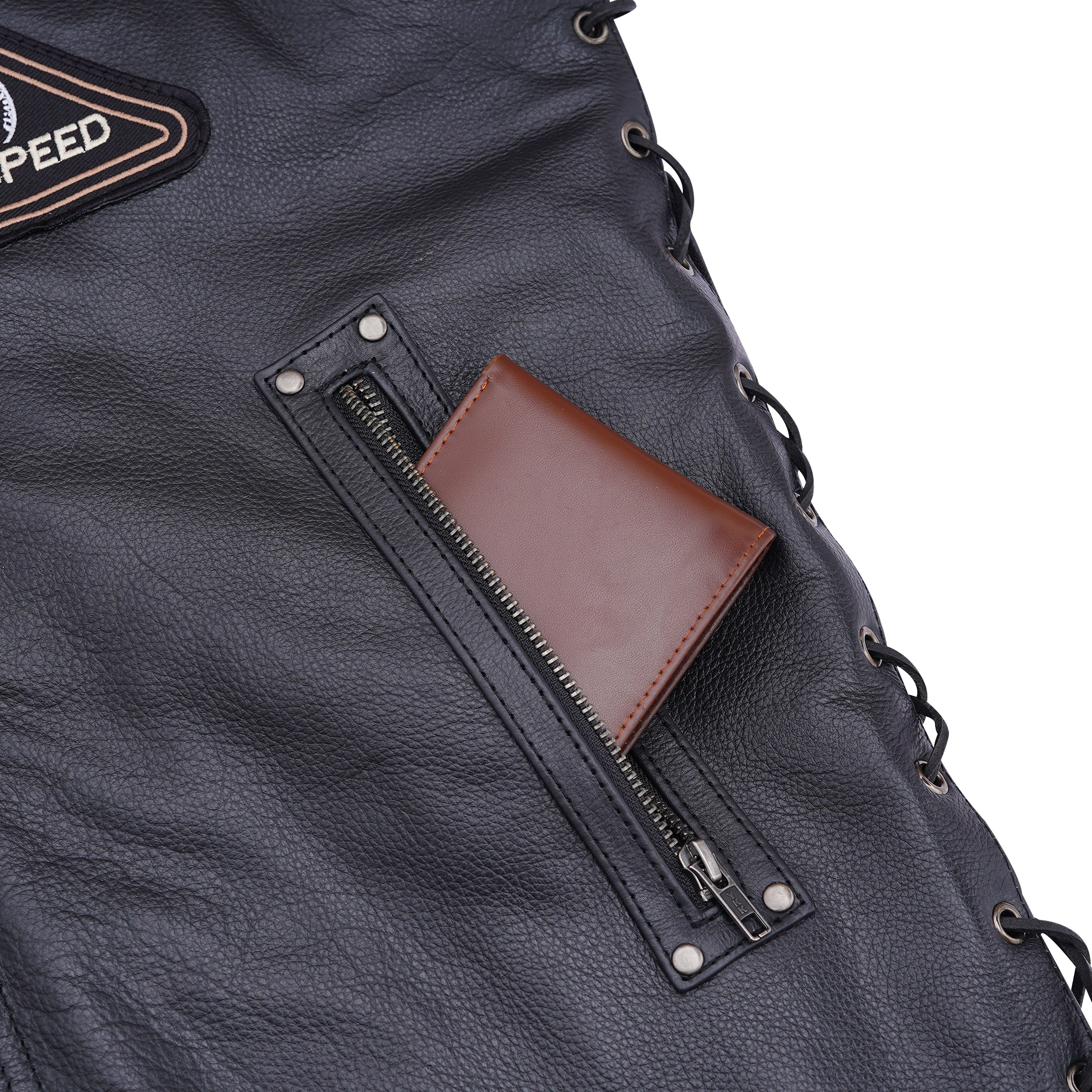 Classic Men's Black Leather Biker Vest with Patches & Side Lace