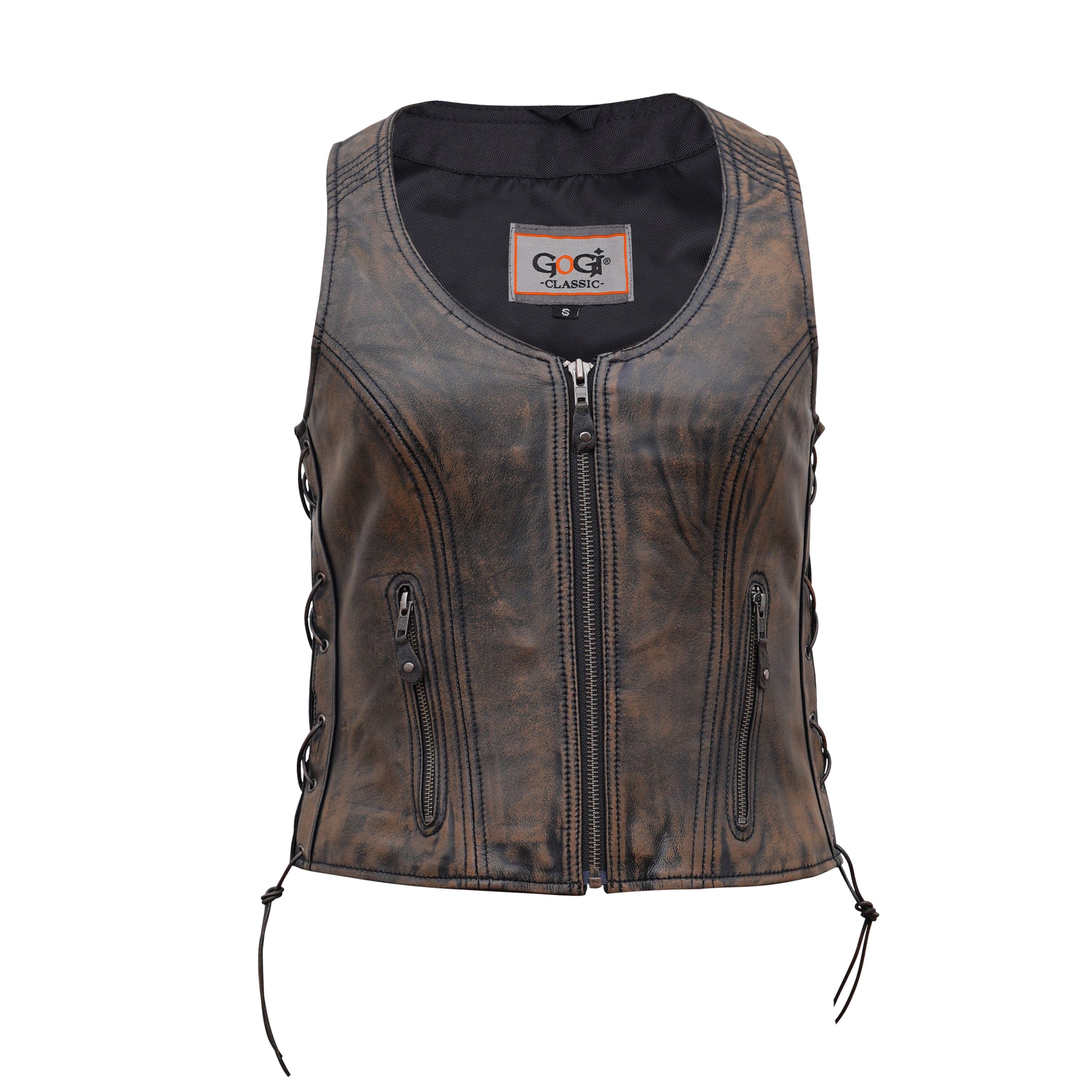 Classic Women's Distressed Brown Leather Vest with Side Lace