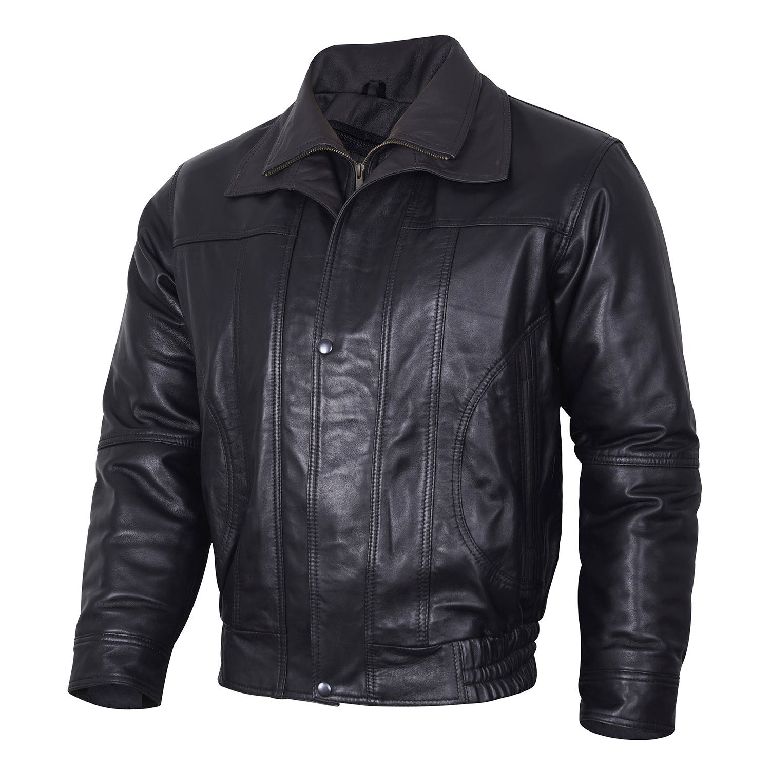 Men's Bomber Leather Jacket Black Double Collar w/Brown Trim