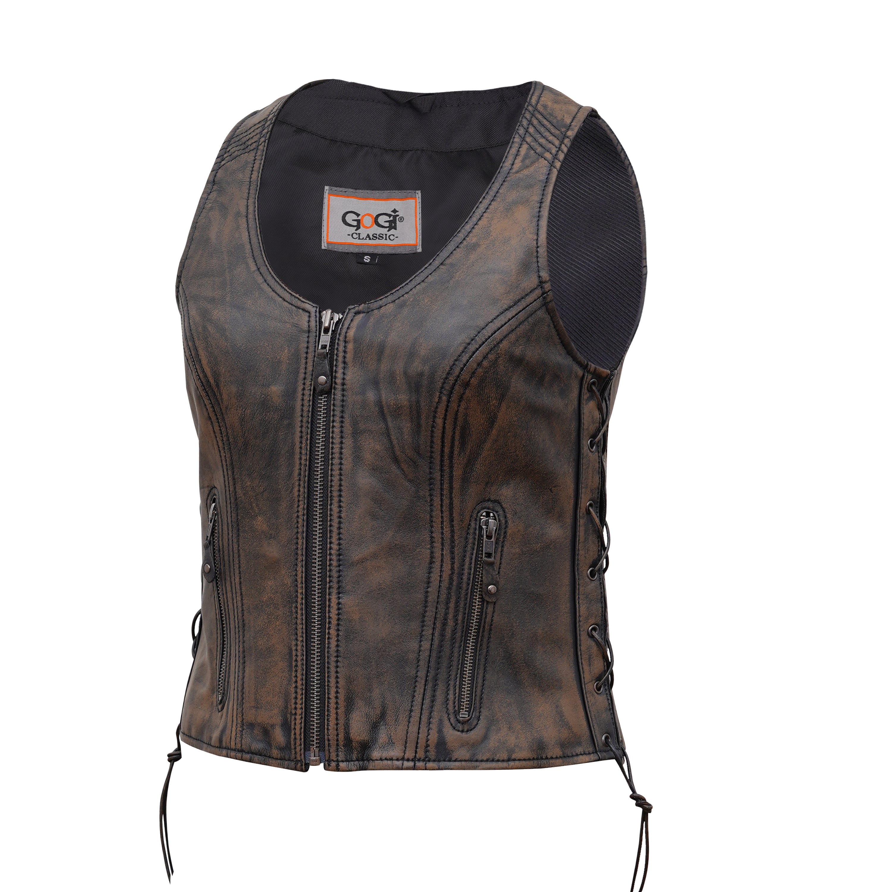Classic Women's Distressed Brown Leather Vest with Side Lace