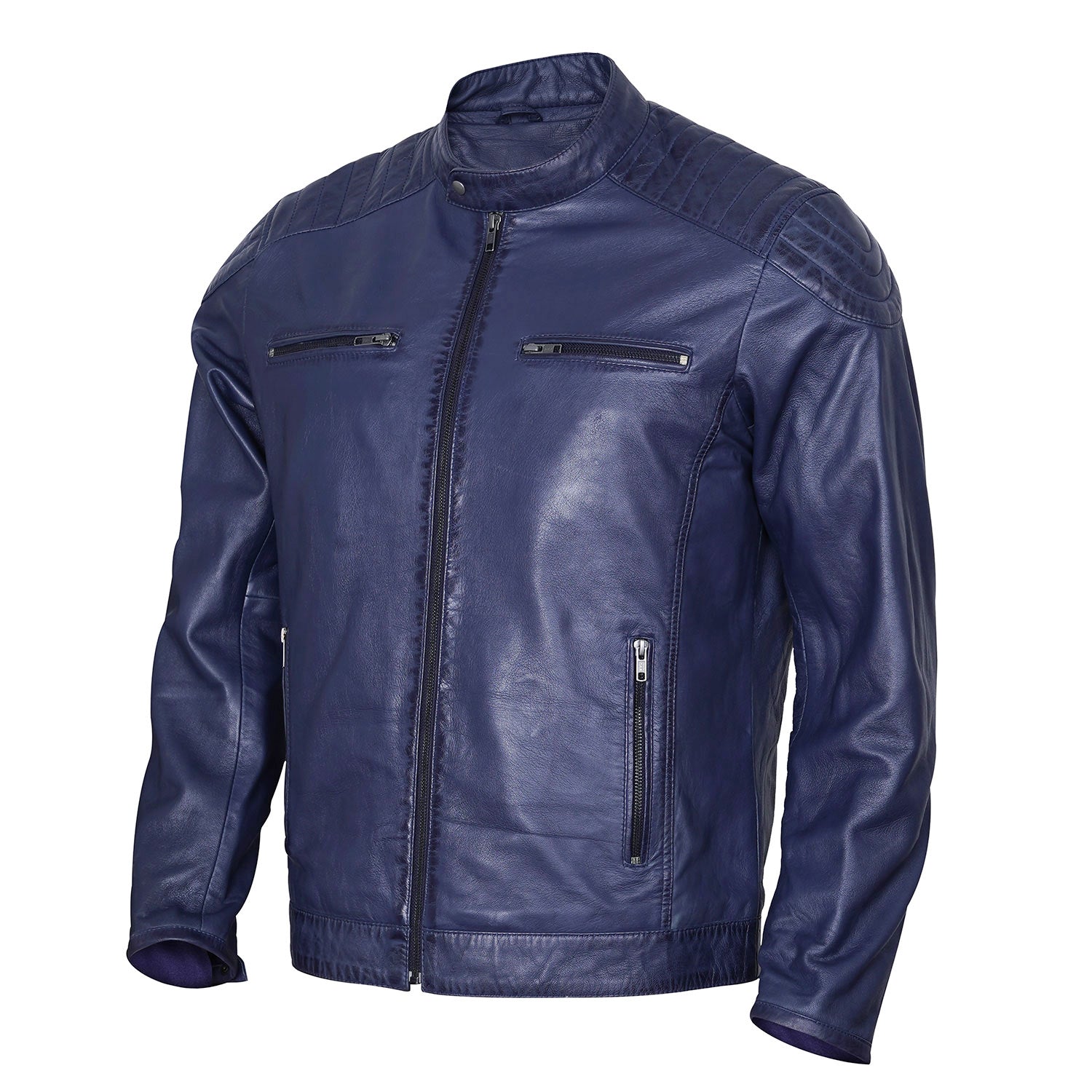Sports Navy Blue Leather Jacket For Men Fashion Biker Rider