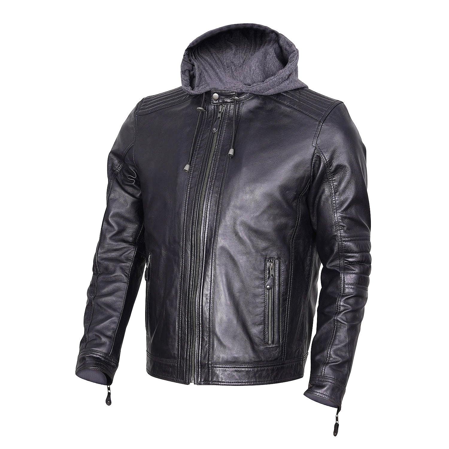 Classic Hooded Men's Leather Jacket Black Fashion Biker *Best Seller*