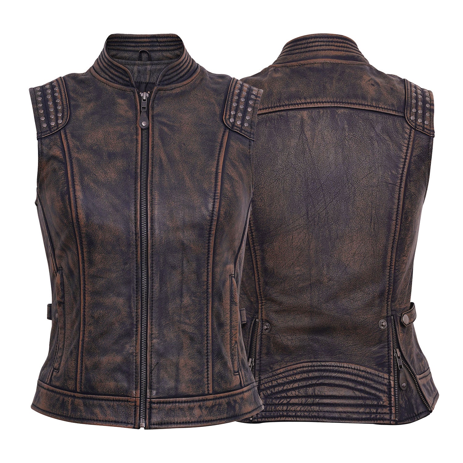 Ladies Fashion Biker Dual Vintage Brown Leather Vest Lady Rider