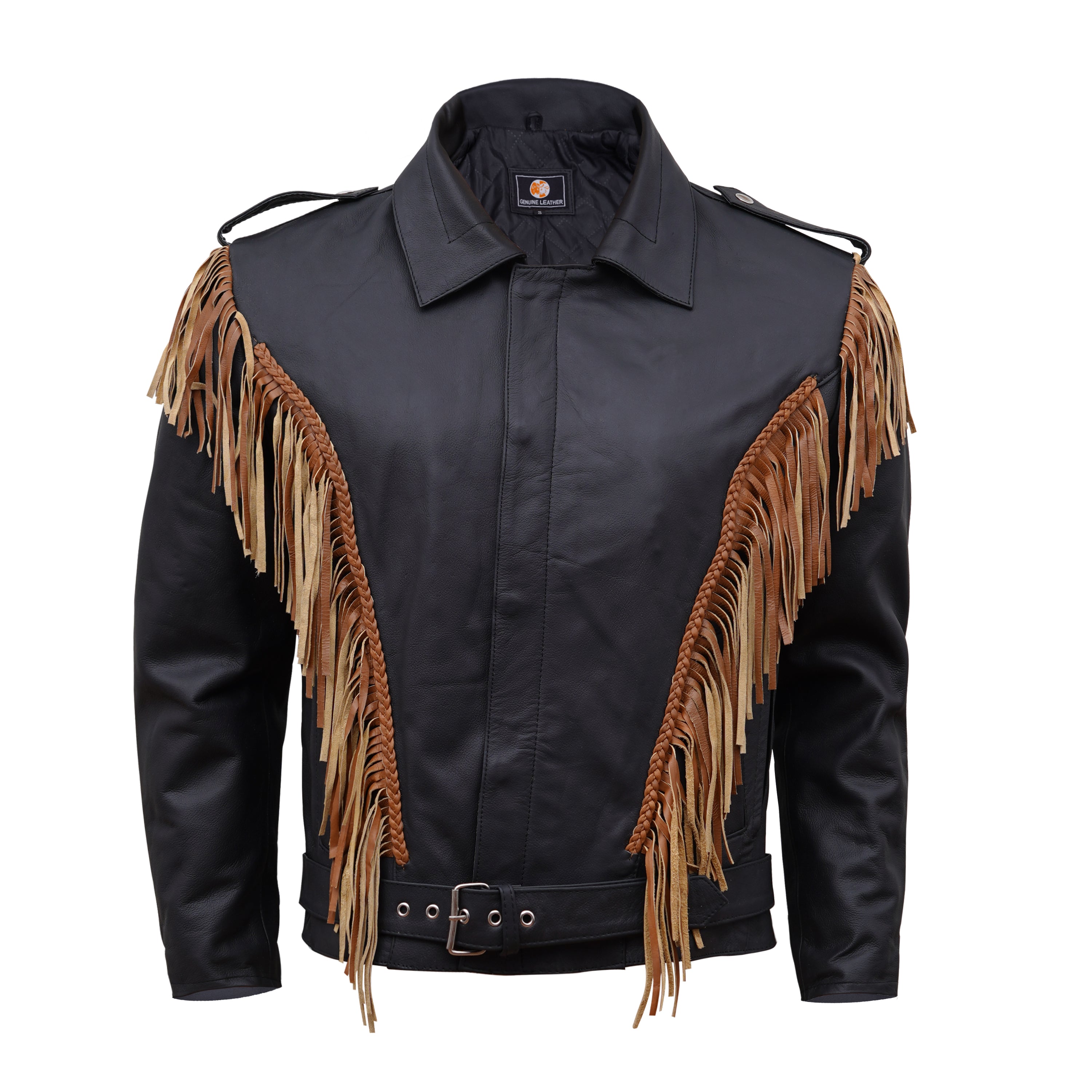 Classic Black Leather Fringe Jacket with Braided Trim