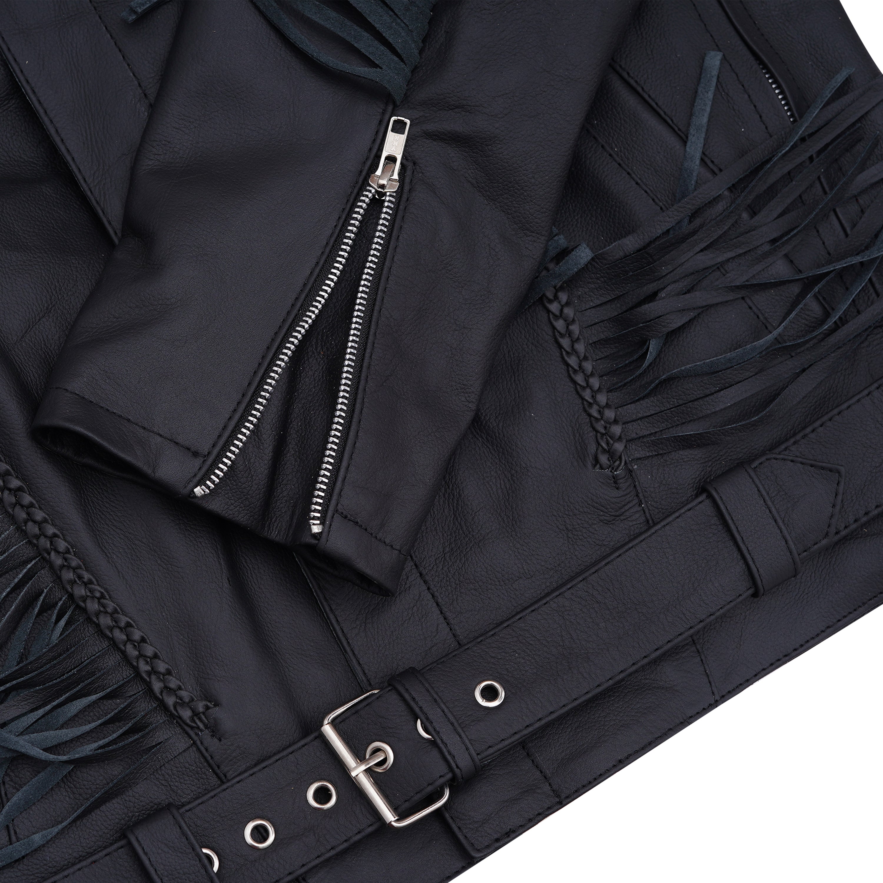Classic Black Leather Fringe Jacket with Braided Accents