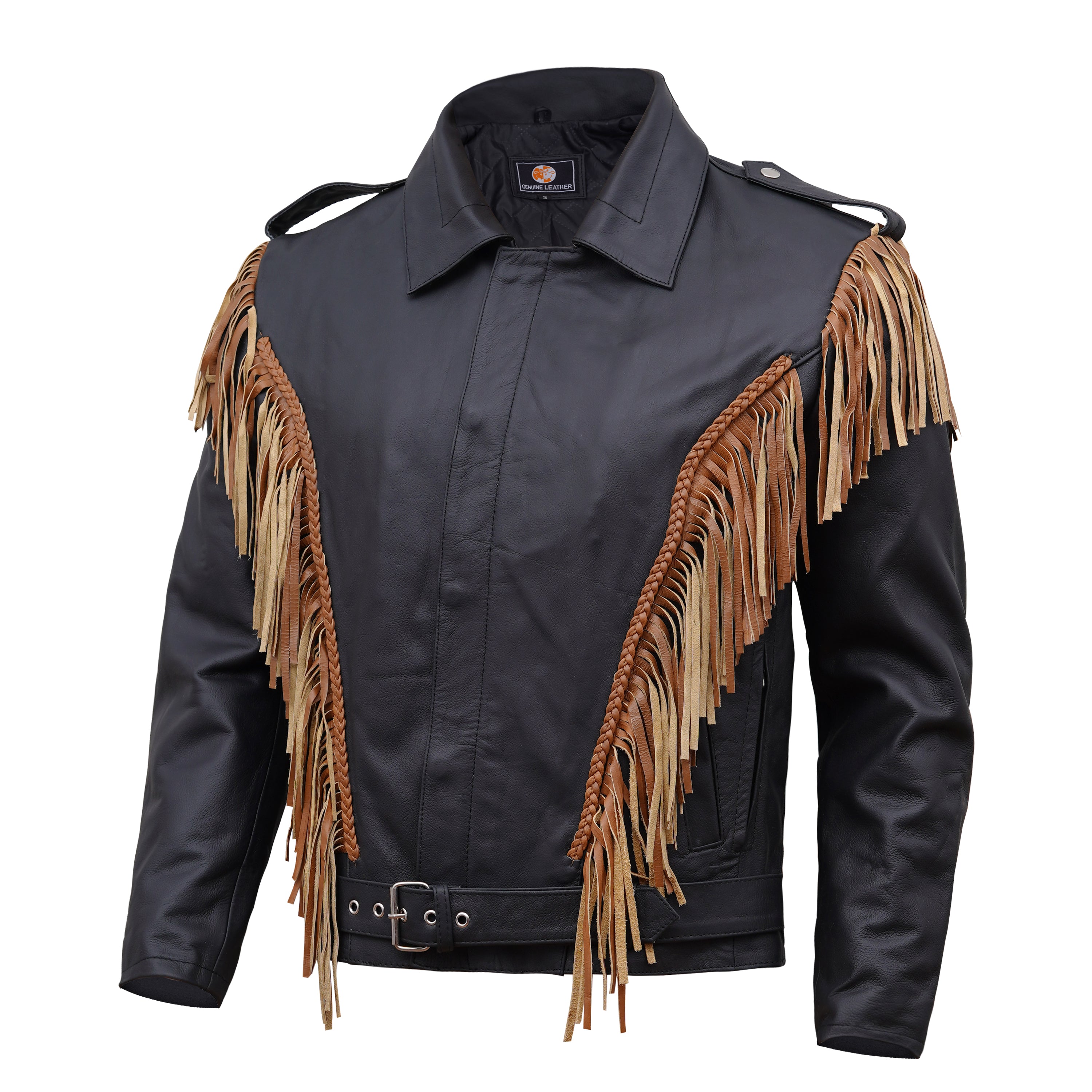 Classic Black Leather Fringe Jacket with Braided Trim