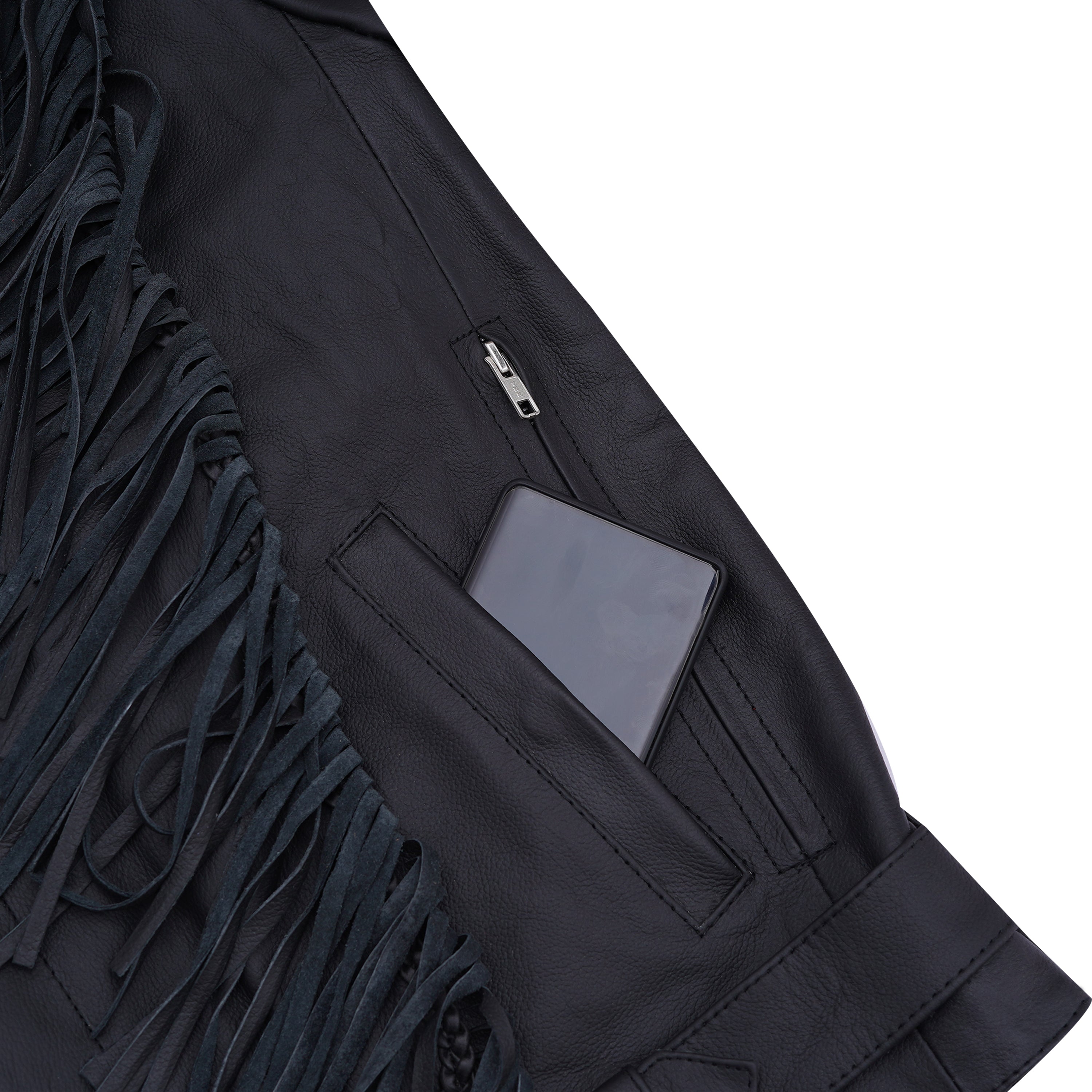 Classic Black Leather Fringe Jacket with Braided Accents
