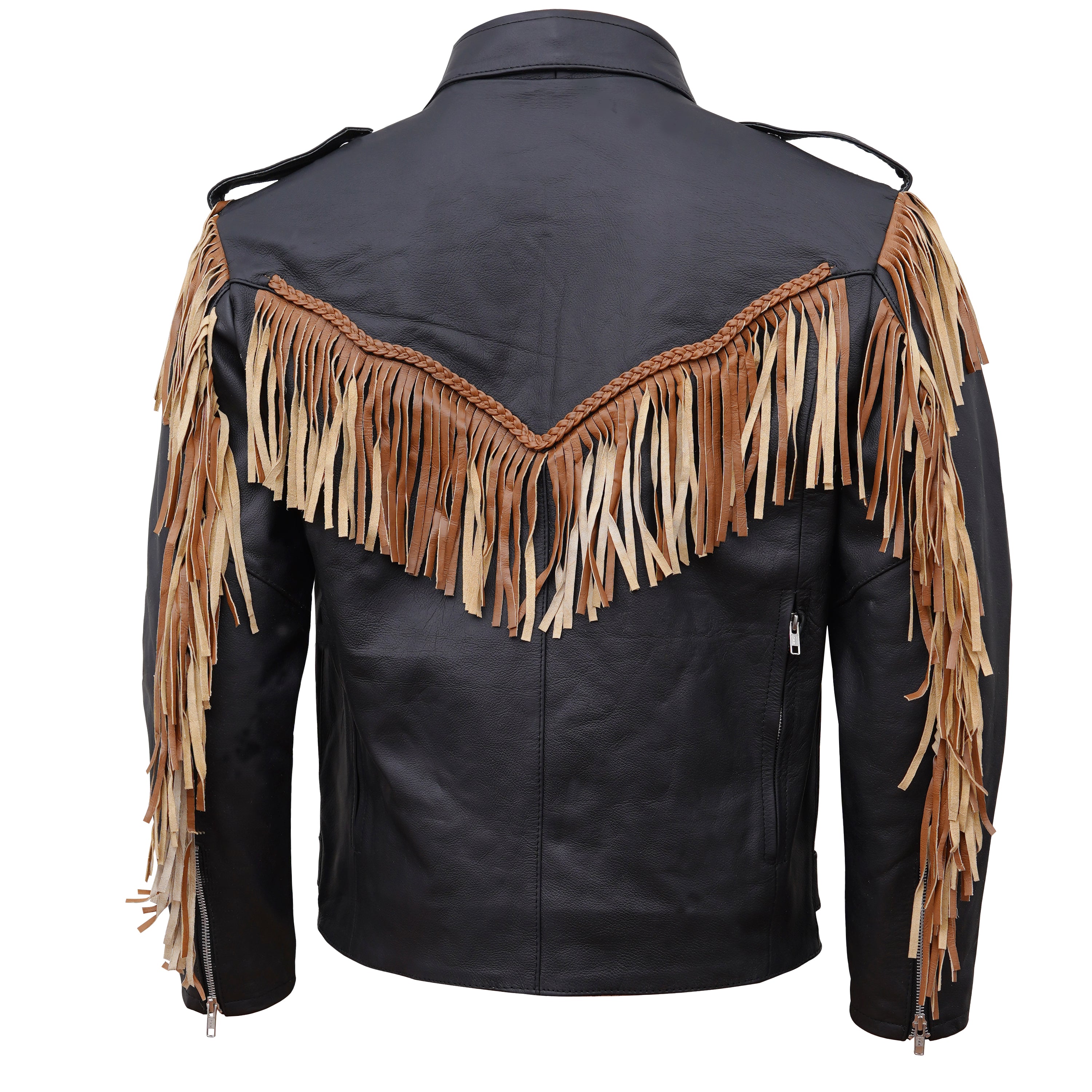 Classic Black Leather Fringe Jacket with Braided Trim