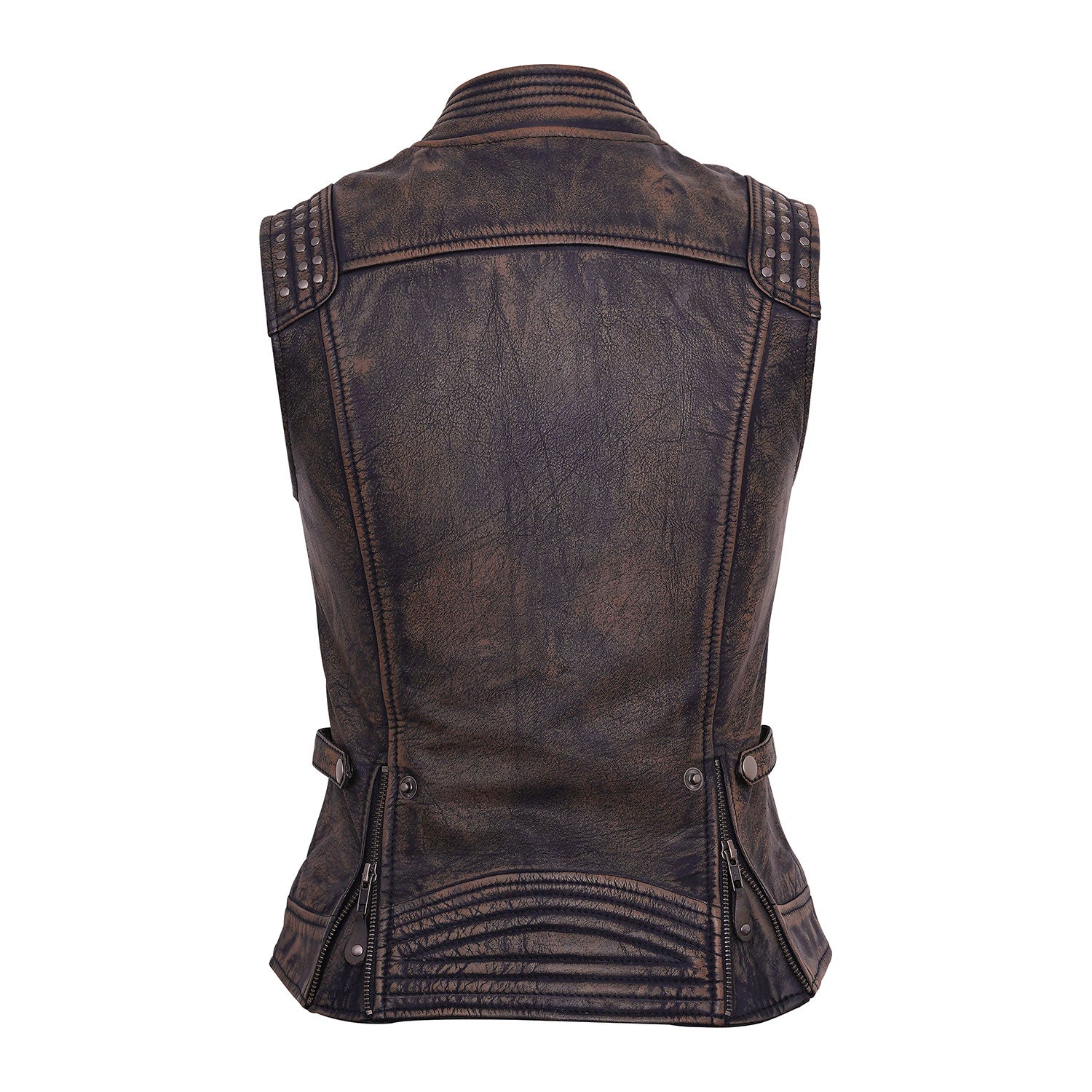 Ladies Fashion Biker Dual Vintage Brown Leather Vest Lady Rider