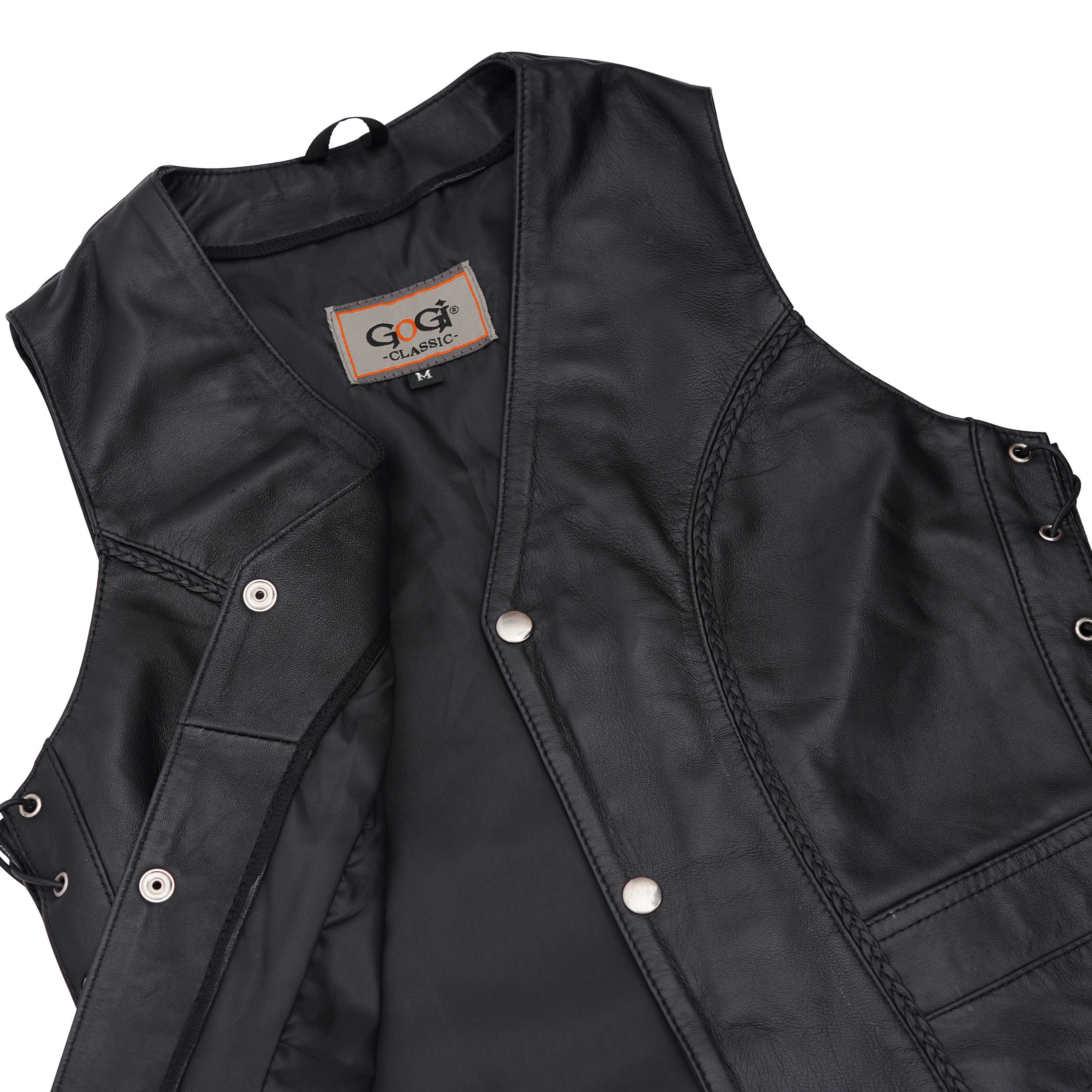 Women's Side-Laced Black Leather Biker Vest