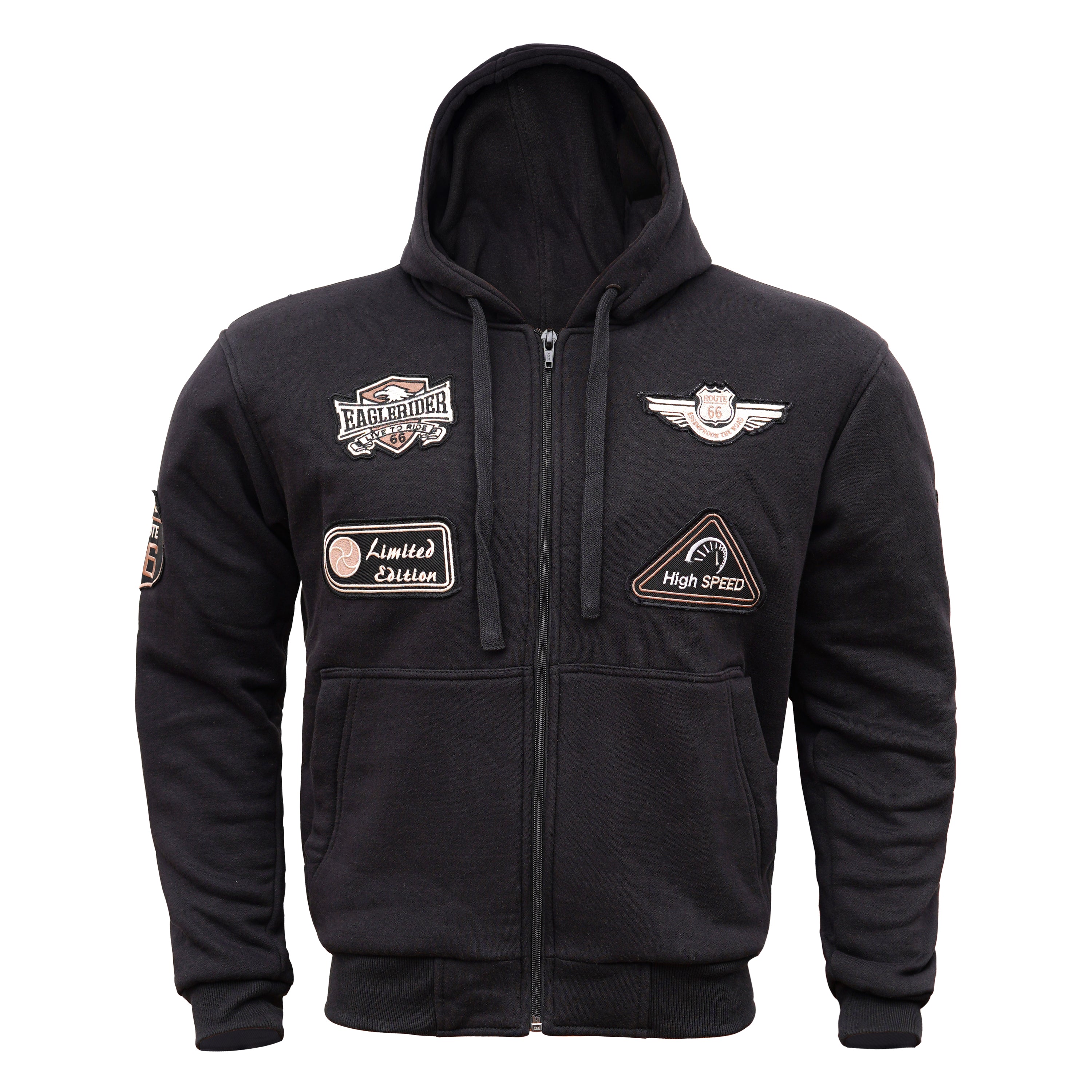 Black Biker Patch Zip-Up Hoodie