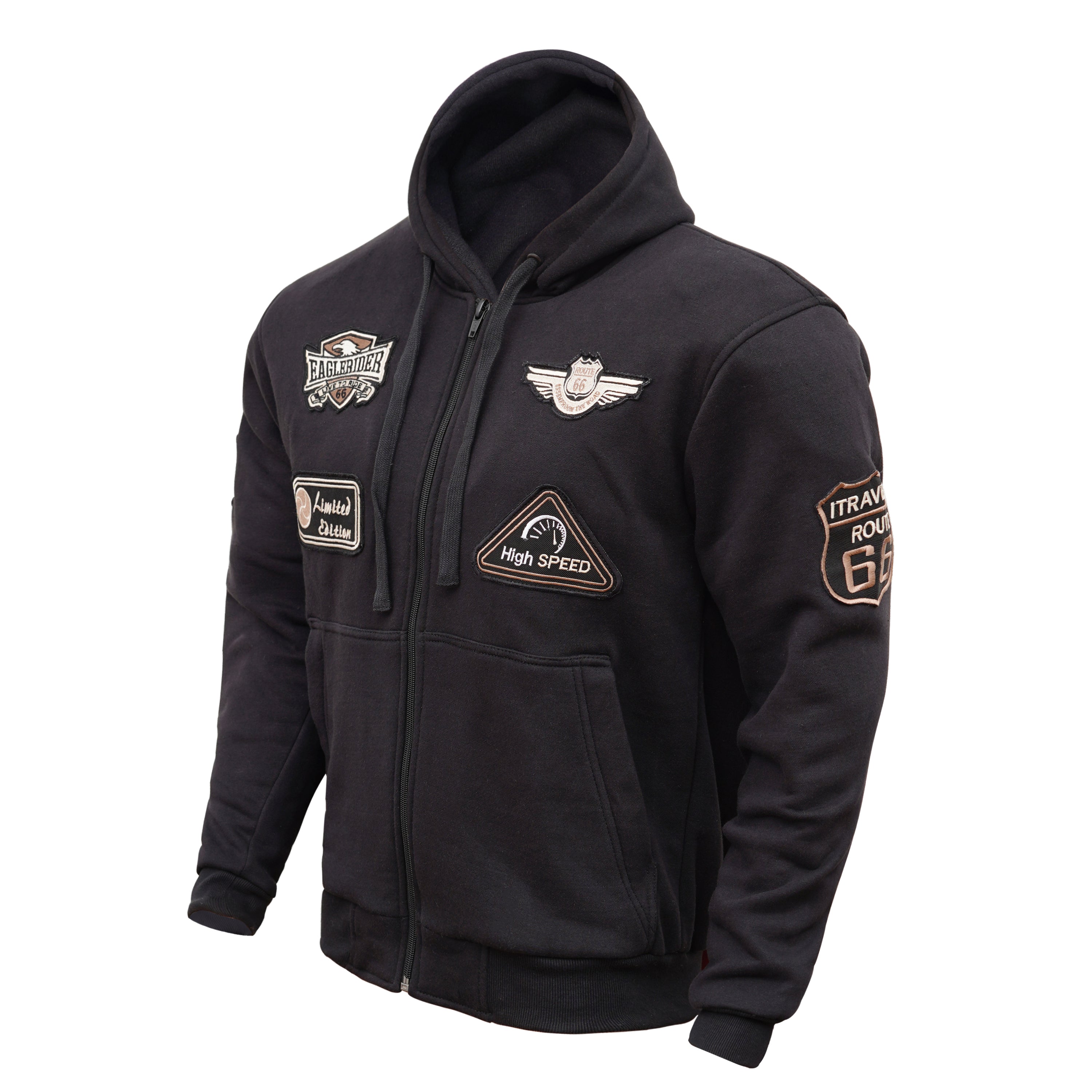 Black Biker Patch Zip-Up Hoodie