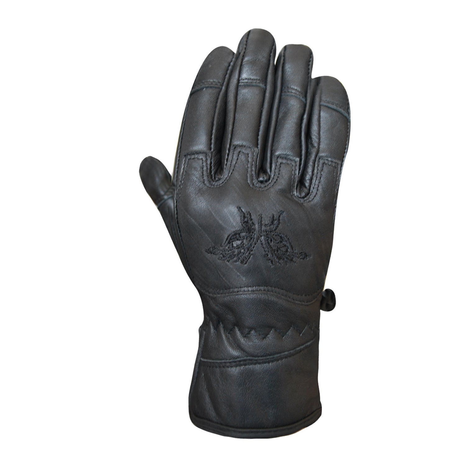 Women’s Black Leather Gloves with Black Butterfly Embroidery