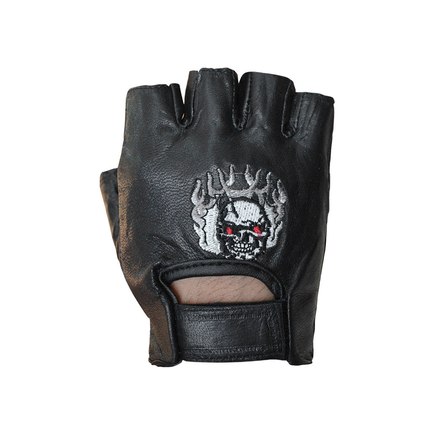Fingerless Leather Biker Gloves with Skull Patch