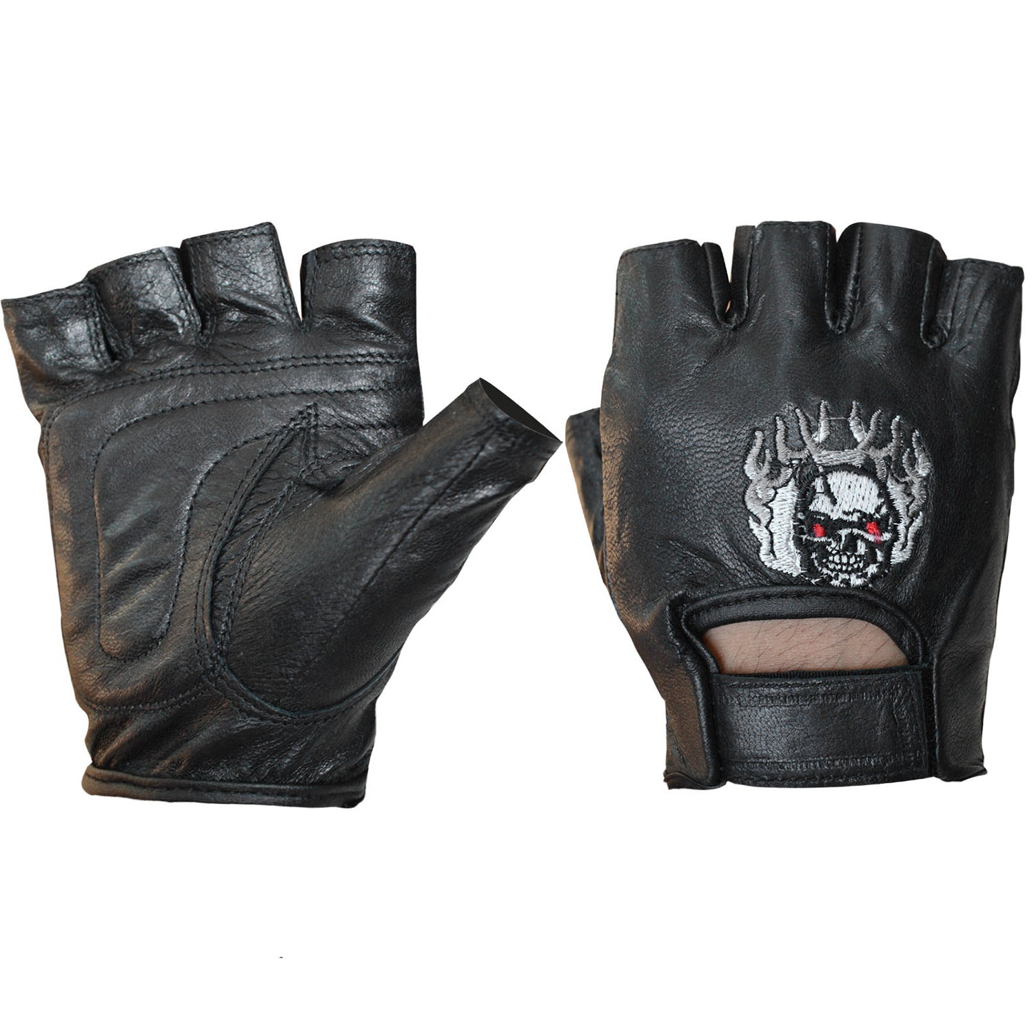 Fingerless Leather Biker Gloves with Skull Patch