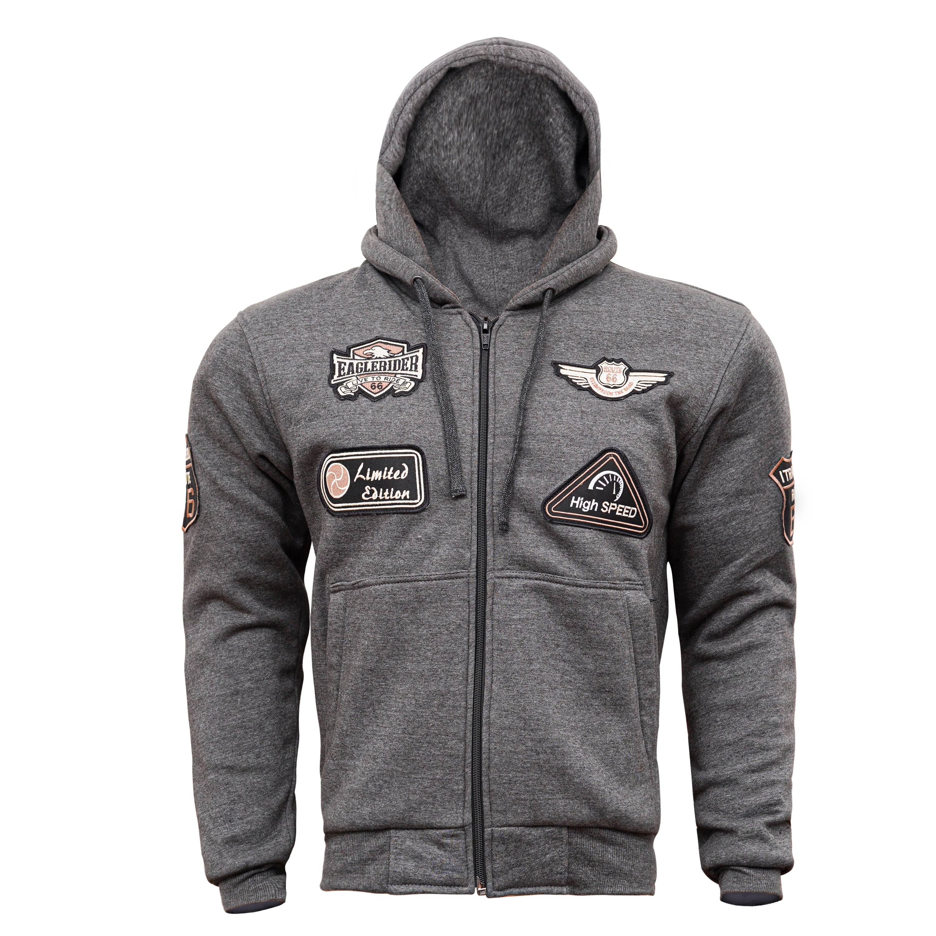 Gray Biker Patch Zip-Up Hoodie