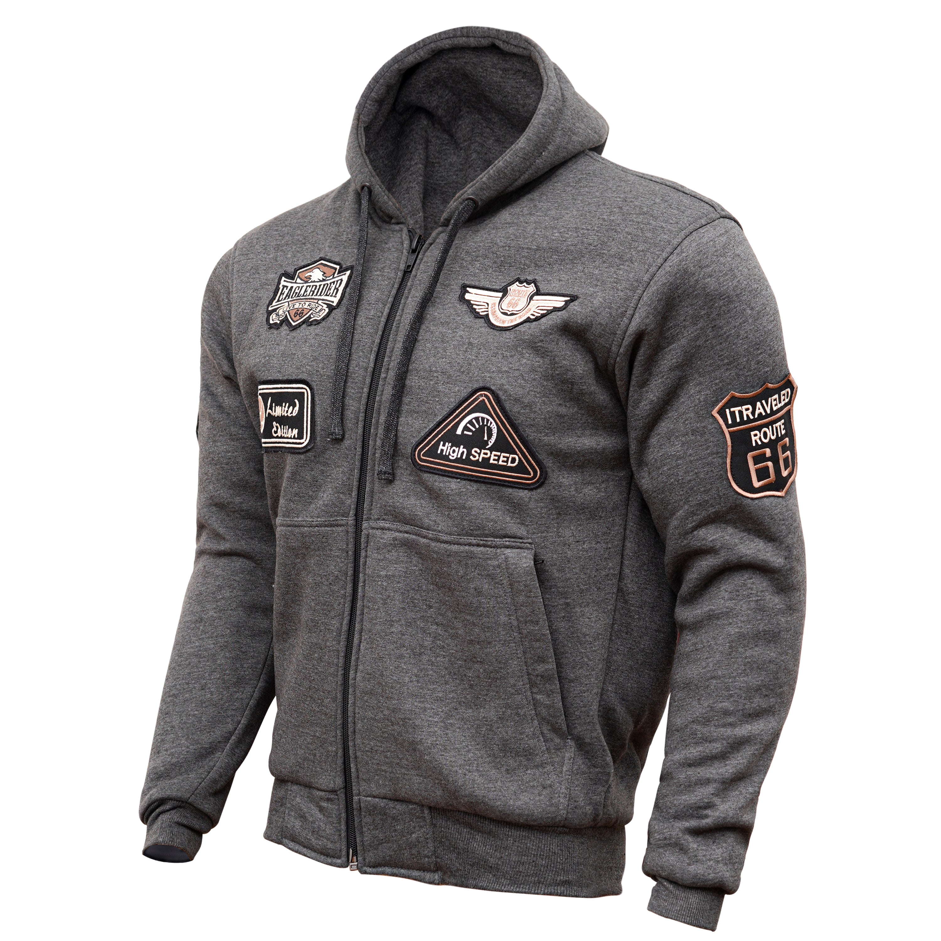 Gray Biker Patch Zip-Up Hoodie