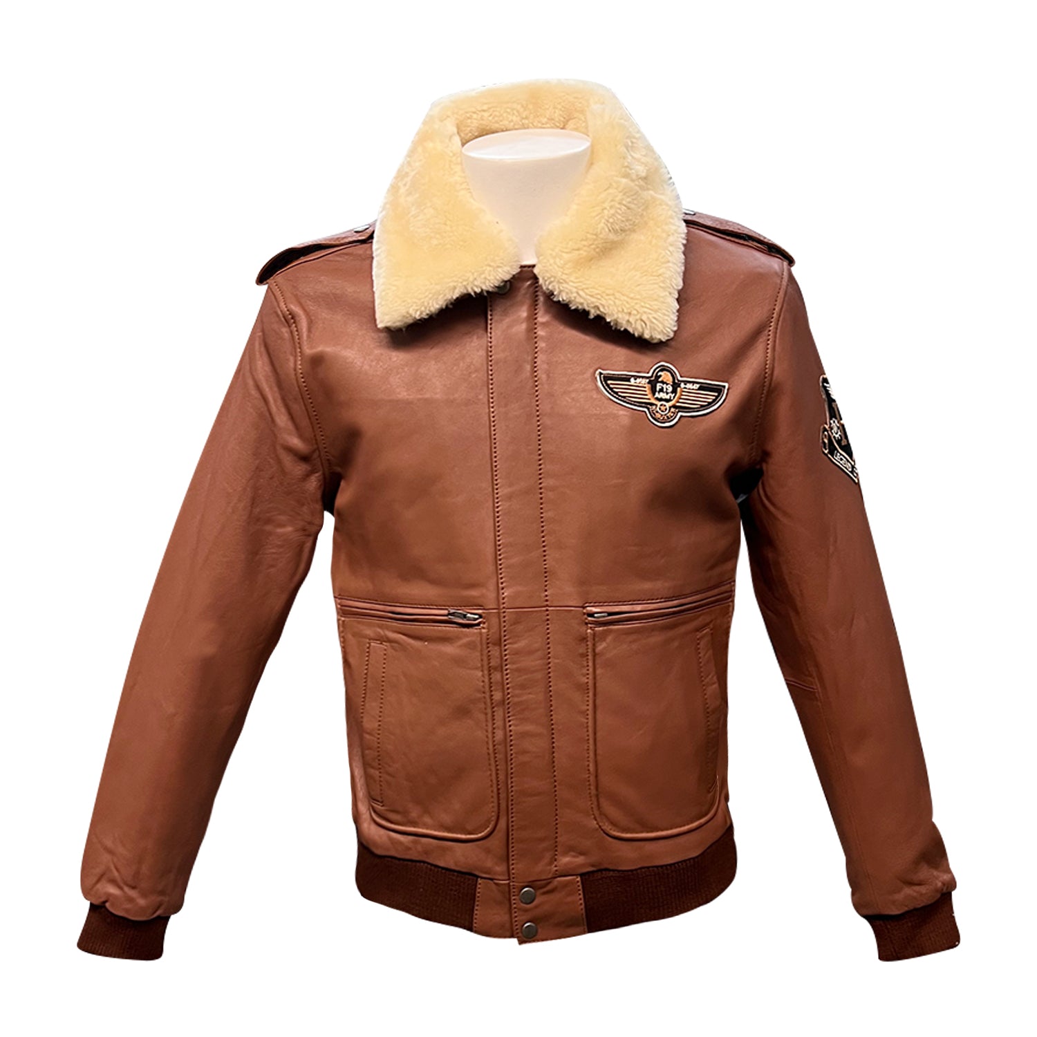 Brown Aviator Leather Jacket with Shearling Collar